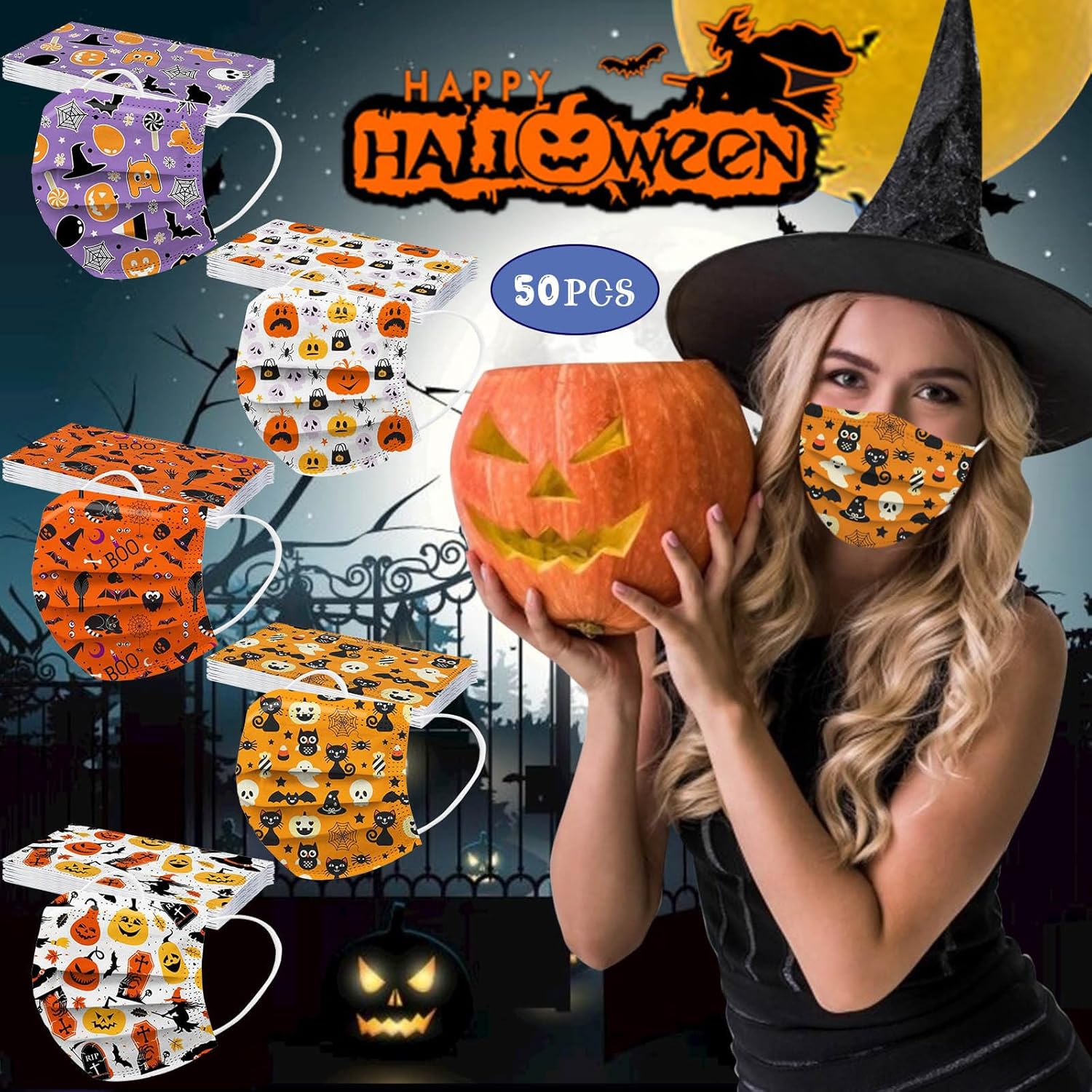DANONI 50 máscaras desechables de Halloween, diseños de fantasmas de calabaza, 3 capas, transpirable, protección facial completa para mujeres y