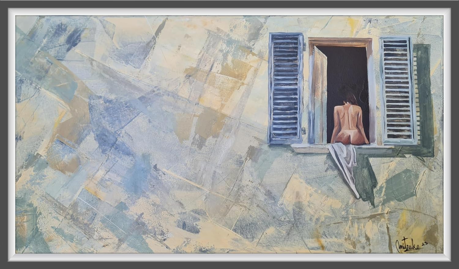 ” Mujer en la ventana” Grabado digital intetervenido Pintura hecha a mano, acrílico sobre lienzo, arte de pared abstracto,pieza única firmada por la