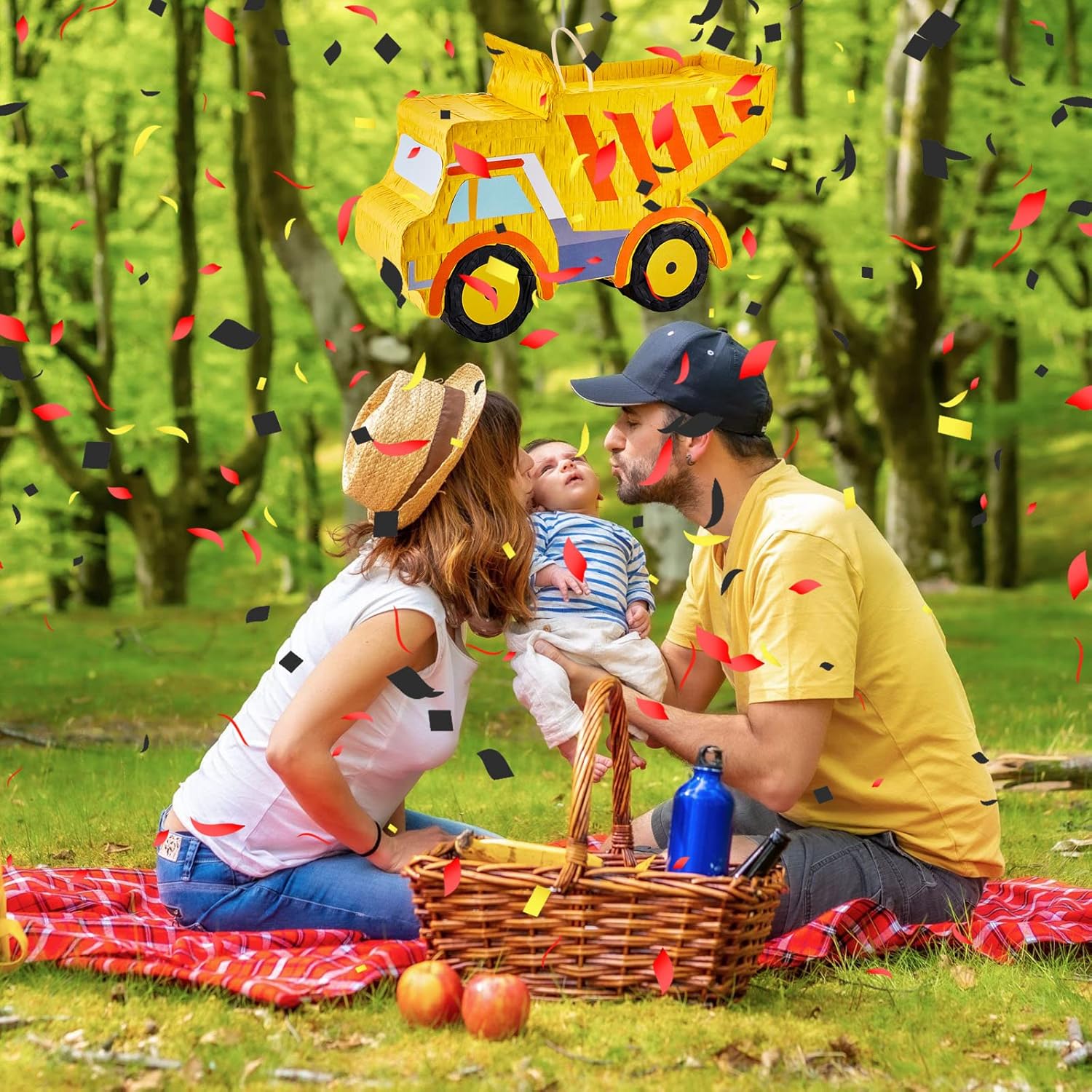 Piñata de camión volquete para niños, suministros de fiesta de cumpleaños, recuerdos de fiesta de construcción, palito de piñata y confeti vendado