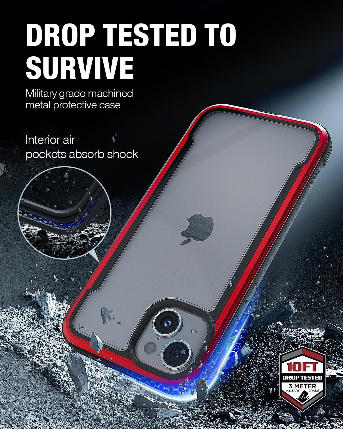 RAPTIC Shield para iPhone 15 Plus, funda protectora transparente a prueba de golpes, grado militar probada para caídas de 10 pies, marco de aluminio