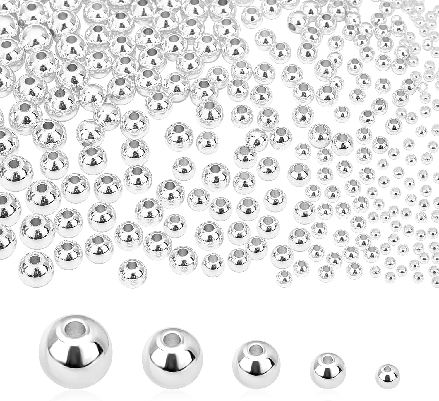 PH PandaHall 5 tamaños de cuentas redondas lisas, 300 cuentas chapadas en plata de 14 quilates, cuentas redondas sin costuras, espaciadores de larga