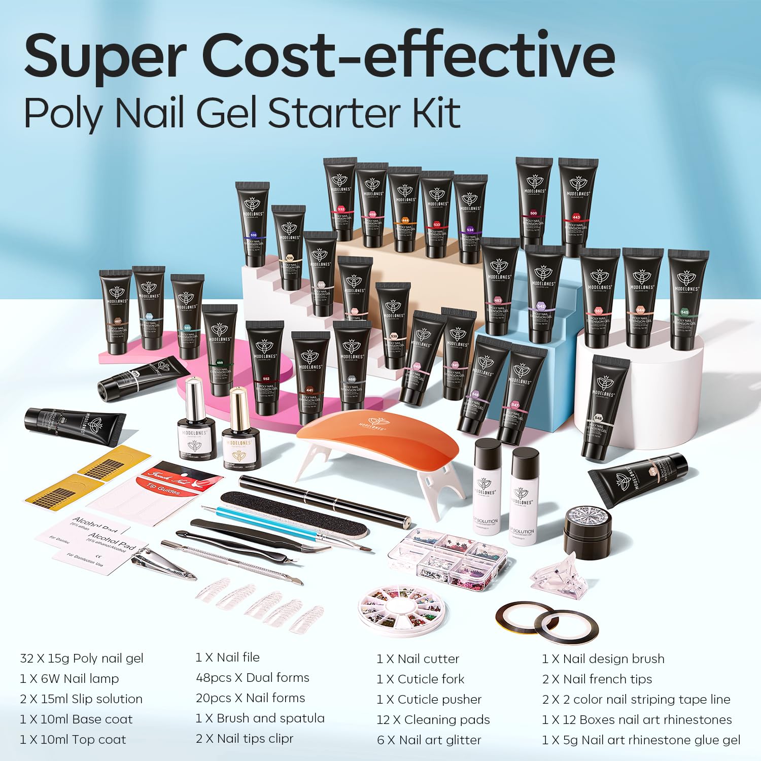 Modelones Kit de 133 piezas de gel de uñas de polietileno, kit de gel de extensión de 32 colores con base de lámpara de uñas y capa superior, kit de