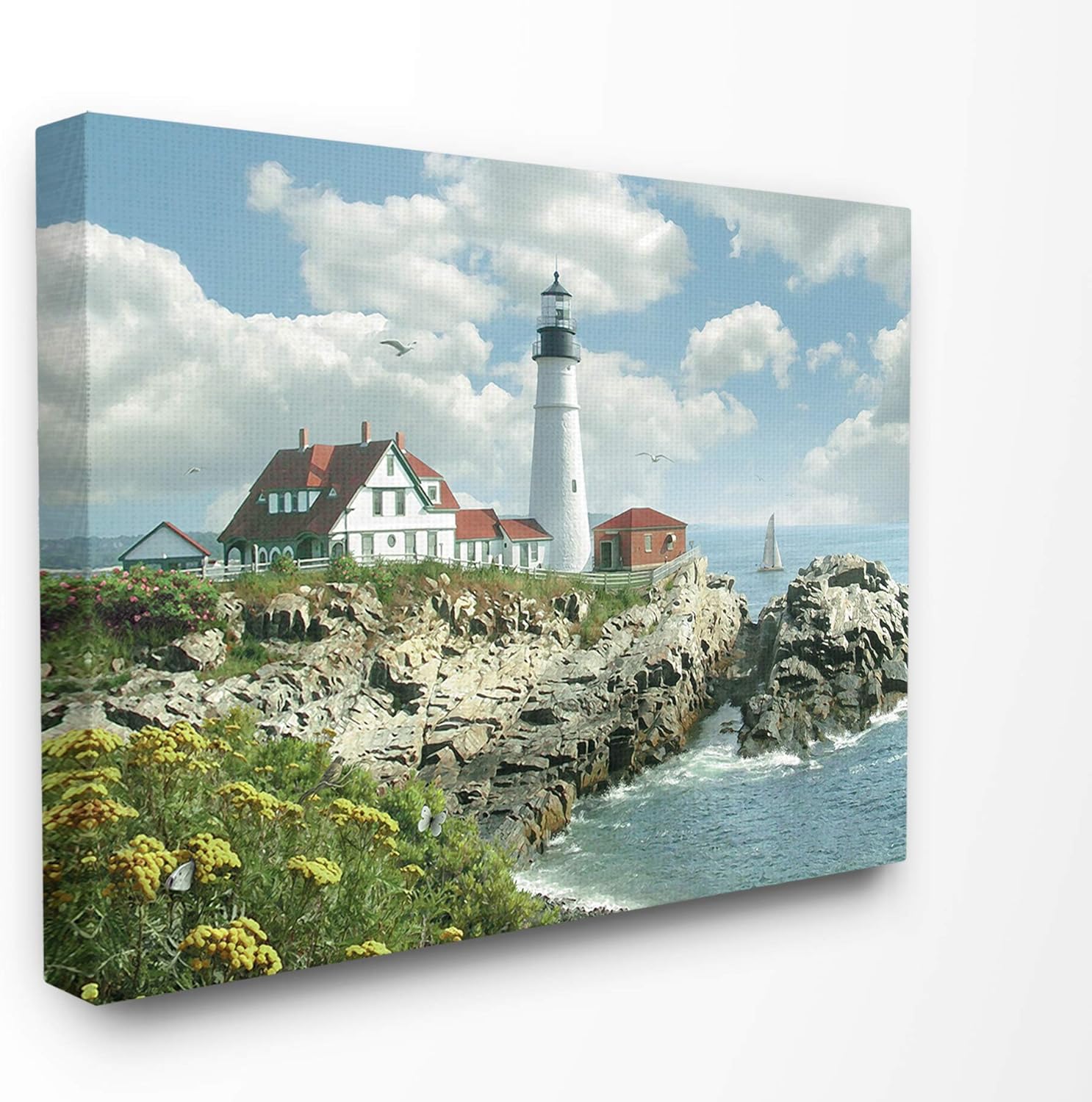 Stupell Industries Portland Head Lighthouse Scene Grassy Ocean Side Península con vela, lienzo para pared, 24 x 30 pulgadas, multicolor
