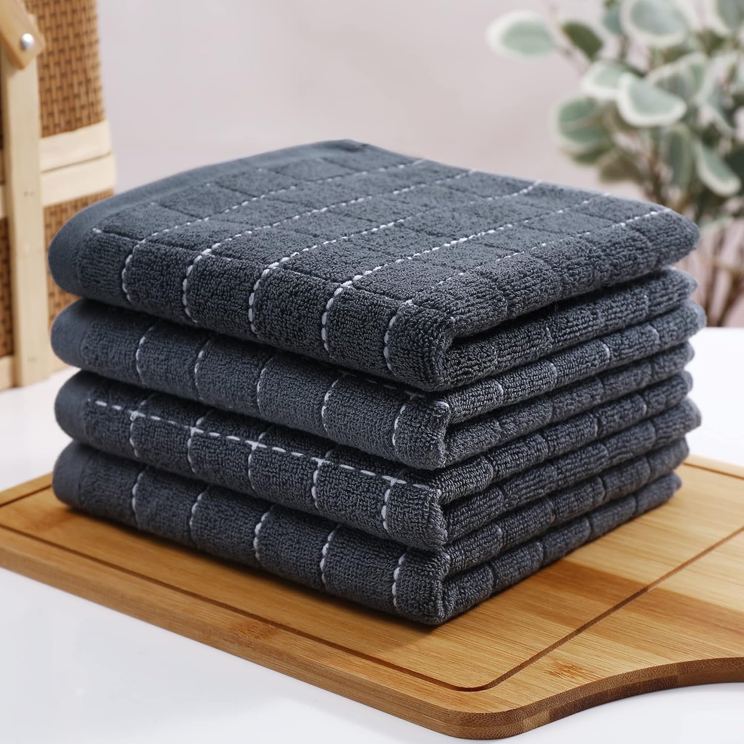 Homaxy Toallas de cocina de rizo 100% algodón (gris oscuro, 13 x 28 pulgadas), diseño a cuadros, suaves y súper absorbentes, paquete de 6