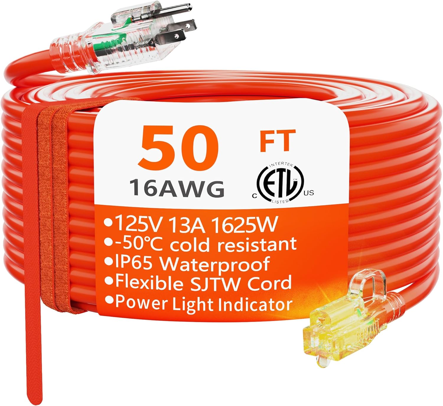 HUANCHAIN Cable de extensión para exteriores calibre 163 de 50 pies, impermeable, con cable de alimentación de 3 clavijas iluminado y flexible para