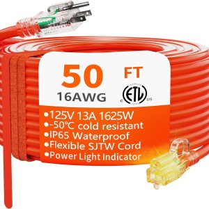HUANCHAIN Cable de extensión para exteriores calibre 163 de 50 pies, impermeable, con cable de alimentación de 3 clavijas iluminado y flexible para HUANCHAIN Cable de extensión para exteriores calibre 163 de 50 pies, impermeable, con cable de alimentación de 3 clavijas iluminado y flexible para