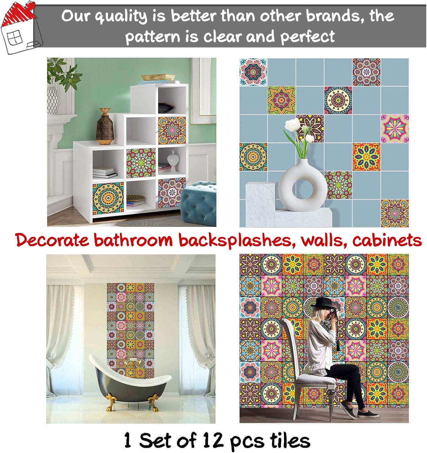 Adhesivos para azulejos de despegar y pegar, 12 unidades (6 x 6 pulgadas), calcomanías impermeables para salpicaduras para cocina y pegar en azulejos