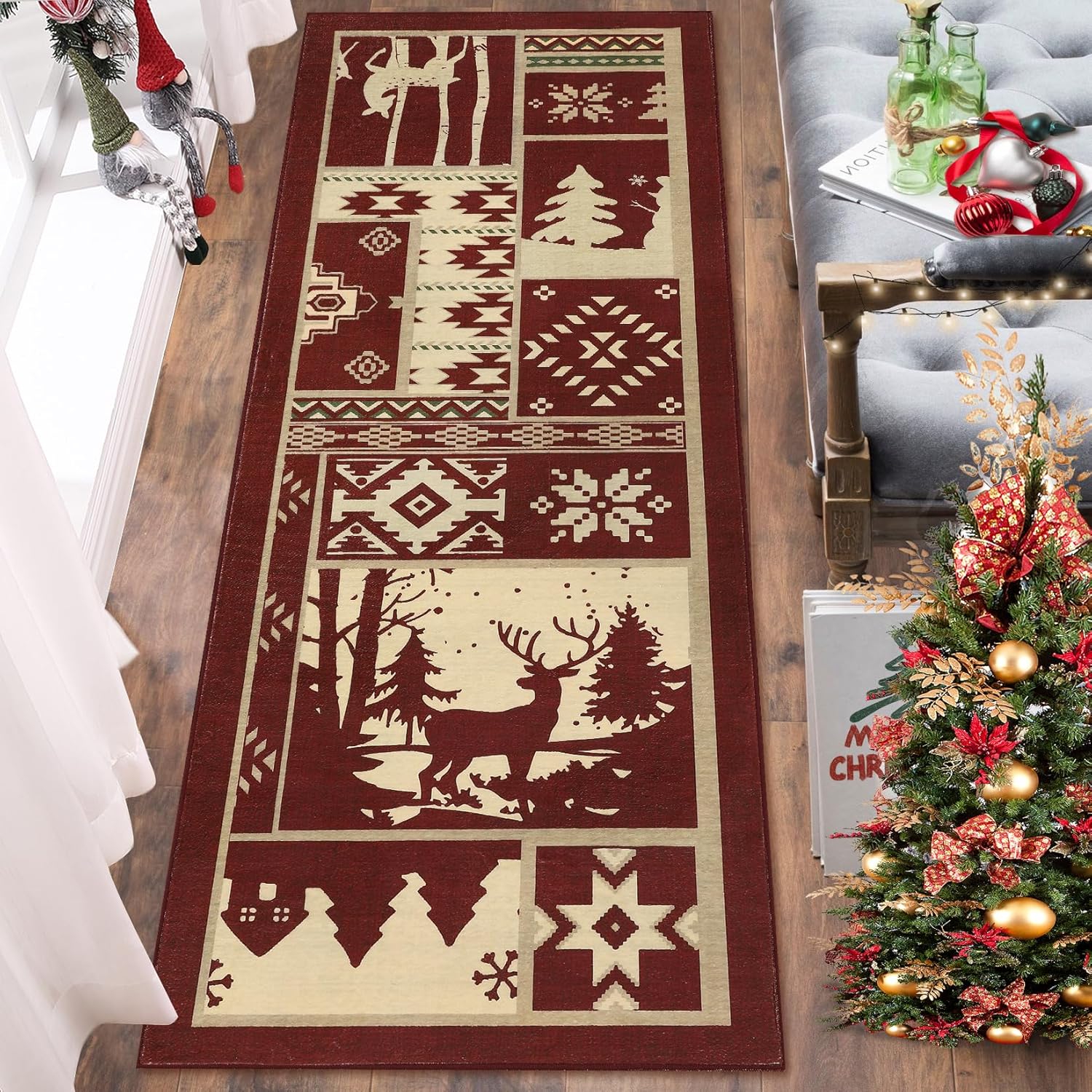 Alfombra de pasillo de cocina rústica, alfombra decorativa de Navidad, alfombra larga para pasillo interior, alfombra antideslizante lavable para