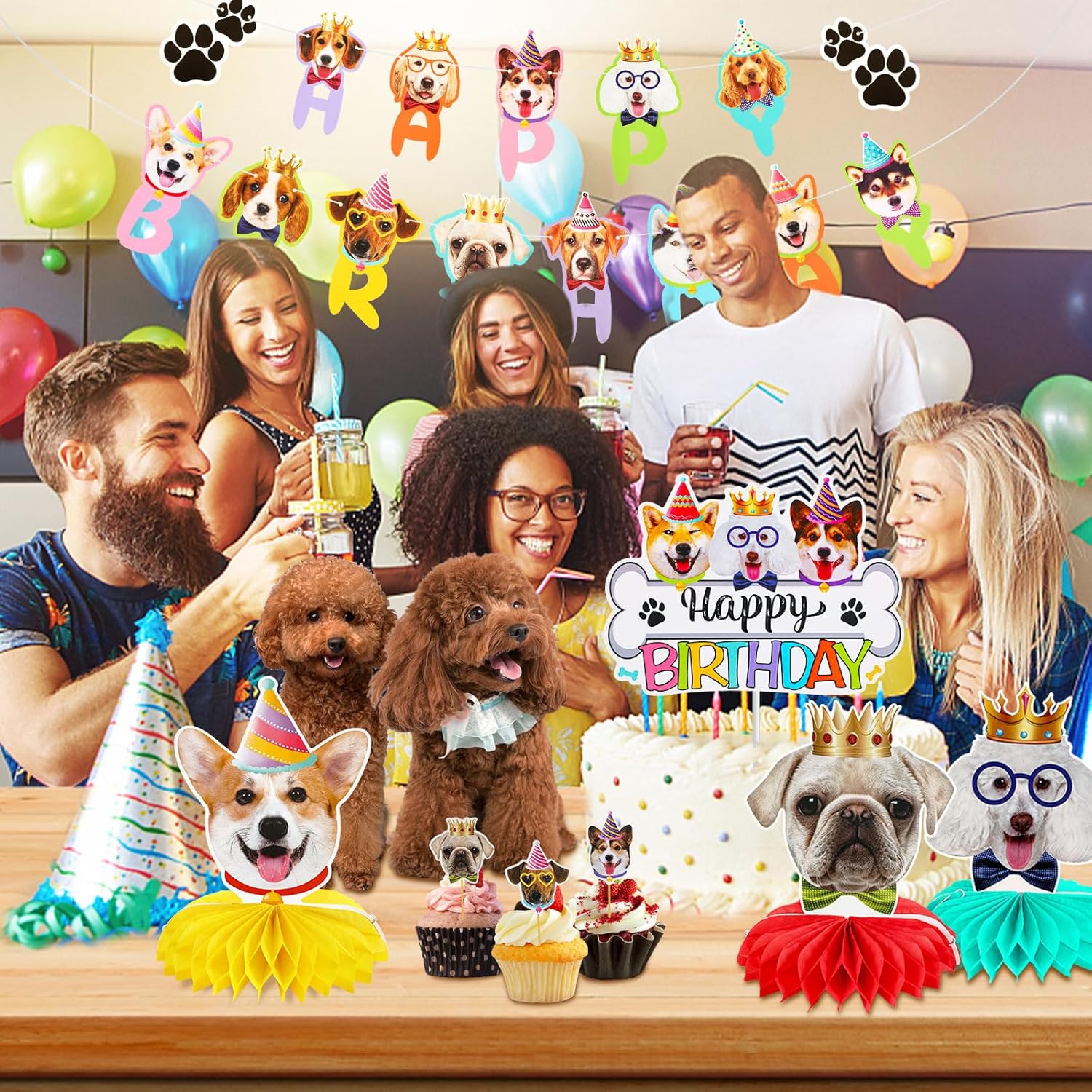 39 piezas de decoraciones de cumpleaños para perros, suministros de fiesta de cumpleaños para cachorros, 2 carteles de feliz cumpleaños, 3 panales