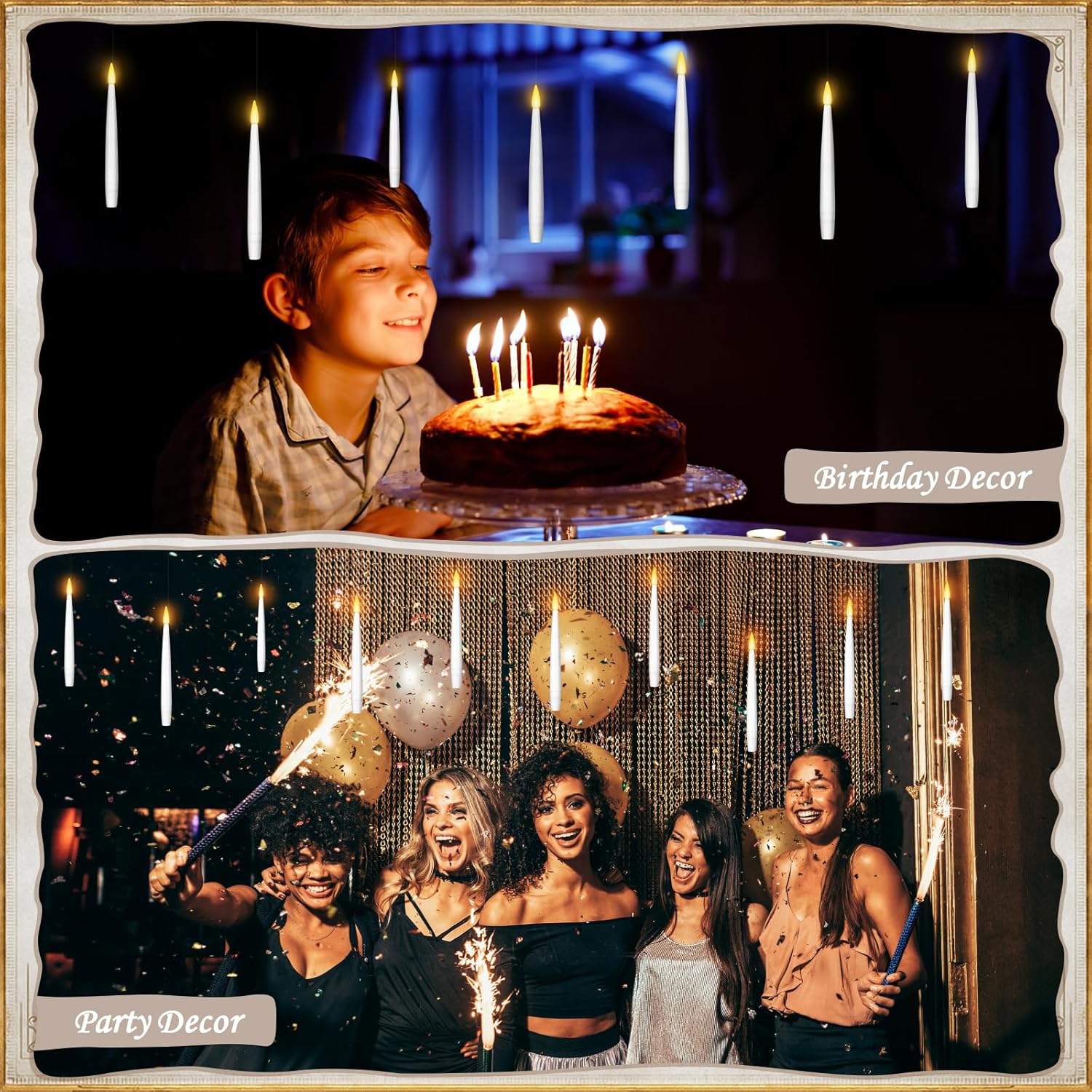 Velas flotantes con varita, 20 unidades, velas mágicas colgantes con cuerda parpadeante, luz cálida, velas LED sin llama con control remoto, luces