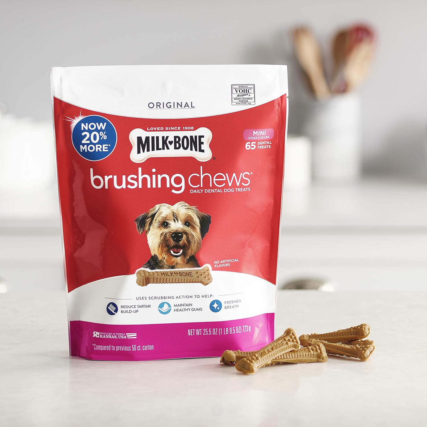 Milk-Bone Brushing Chews – Golosinas dentales diarias para perros, mini, 65 unidades