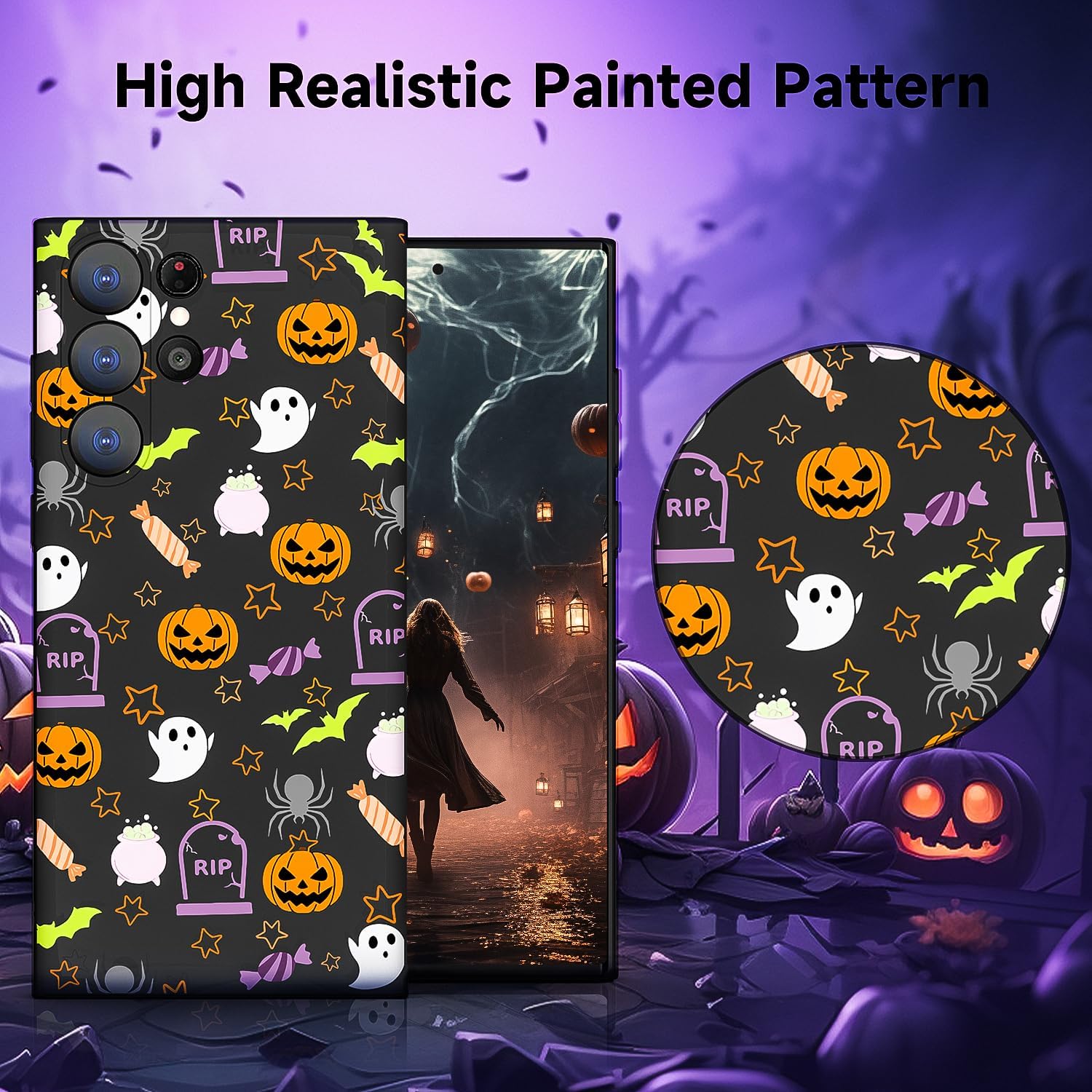 Funda de teléfono de Halloween compatible con Samsung Galaxy S22 Ultra con murciélago, calabaza, caramelo, araña, fantasma, Halloween, funda negra