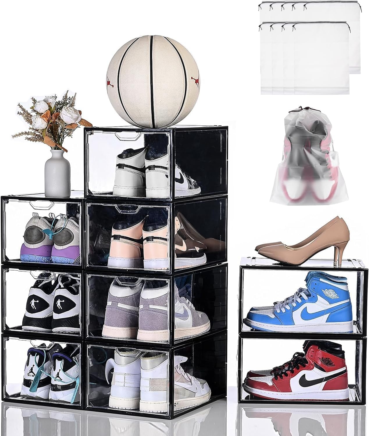 Cajas de almacenamiento de zapatos transparentes apilables, 9 paquetes de organizadores de zapatos para armario, caja de tenis, ajuste fuerte y