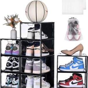 Cajas de almacenamiento de zapatos transparentes apilables, 9 paquetes de organizadores de zapatos para armario, caja de tenis, ajuste fuerte y Cajas de almacenamiento de zapatos transparentes apilables, 9 paquetes de organizadores de zapatos para armario, caja de tenis, ajuste fuerte y