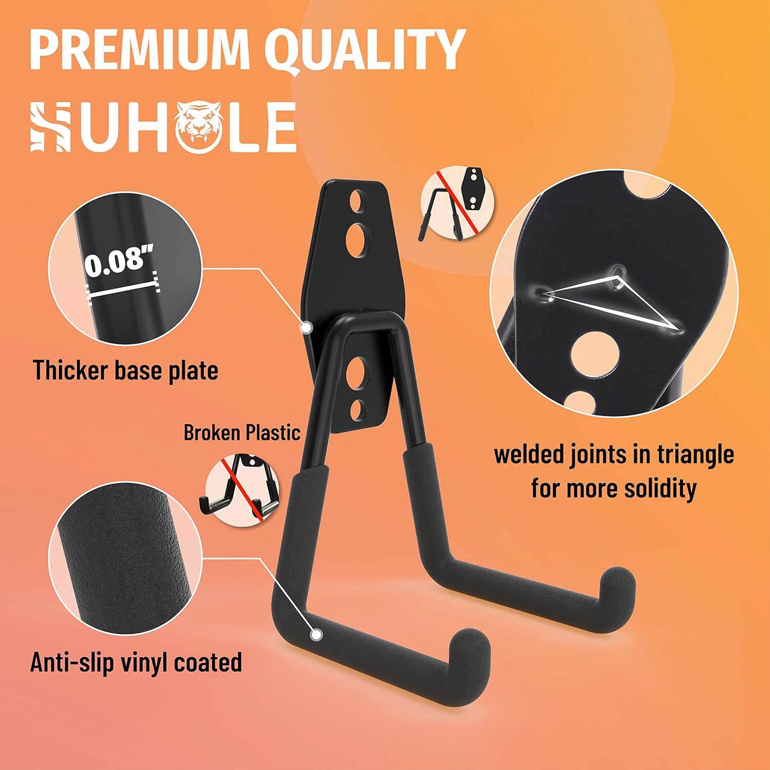 HUHOLE Ganchos de garaje resistentes de 4 piezas, ganchos de pared de garaje, ganchos colgantes de garaje para bicicleta, escalera, artículos