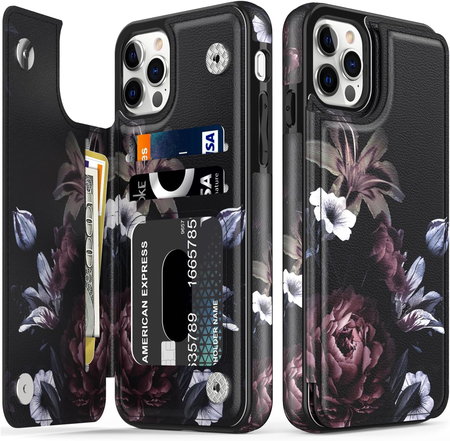 LETO Funda para iPhone 15 Pro con tapa tipo folio de cuero, diseños de flores de moda, ranuras para tarjetas, función atril, funda protectora para