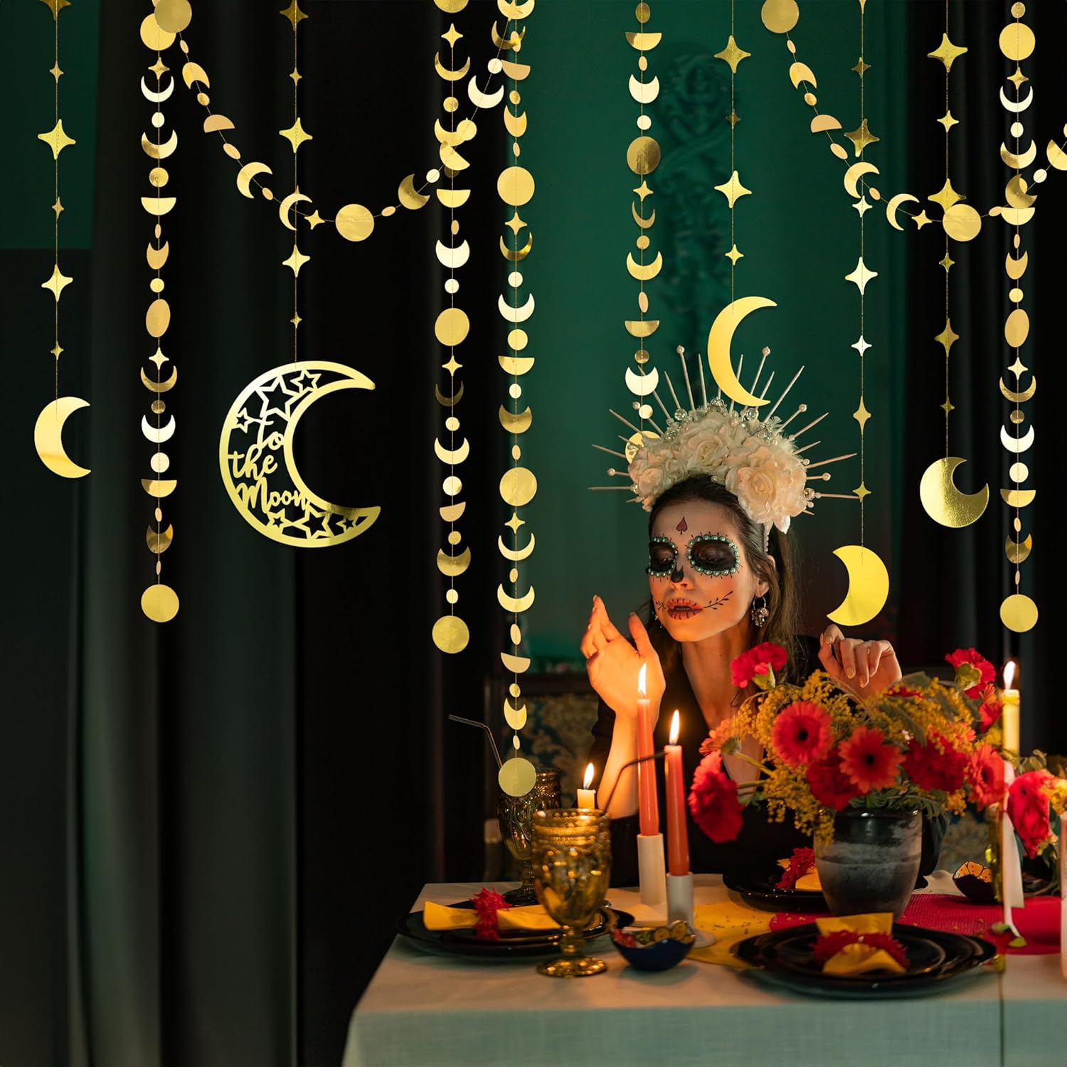 Cheerland Guirnalda dorada de aluminio con forma de estrella y luna, pancarta colgante de fase lunar bohomiana, decoración de fondo para decoración