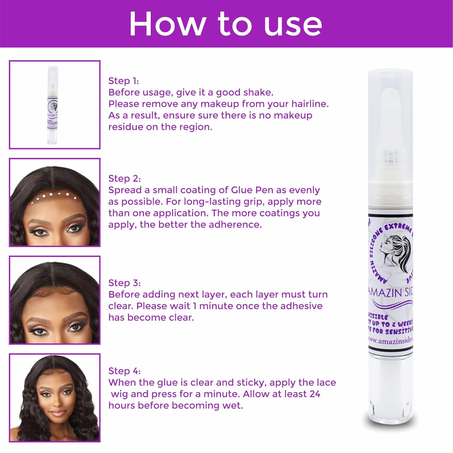 Amazin Sides Lápiz de pegamento para peluca, pegamento portátil de silicona súper sujeta, pegamento adhesivo invisible de alto punto de fusión para