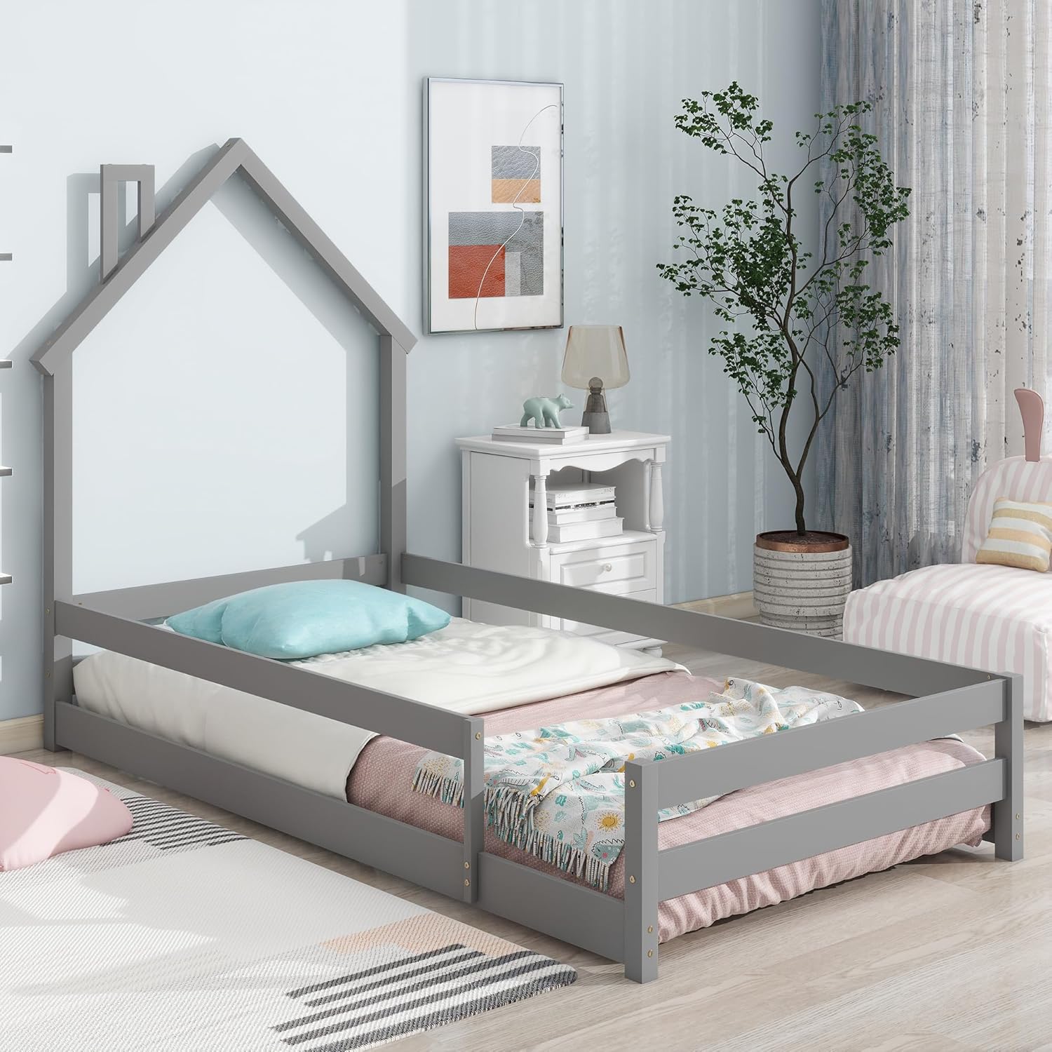 Cama de suelo Montessori individual, marco de cama de tamaño individual con cabecero y cercas en forma de casa, cama de piso individual para niños,