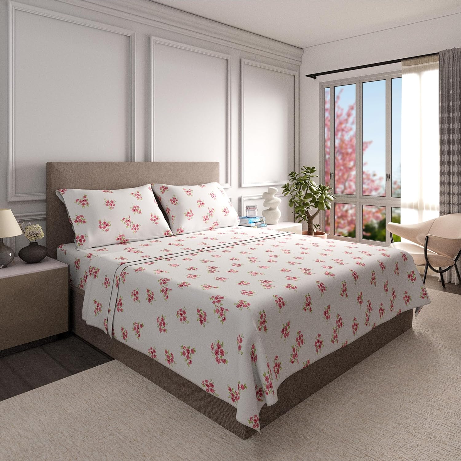 Color Sense Sábanas ricas de algodón percal para hotel, sábanas de tamaño Queen con estampado floral rosa, resistentes a las arrugas, cepilladas
