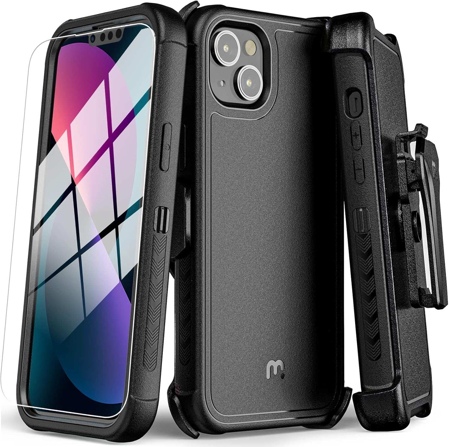 MYBAT PRO Maverick Series – Funda a prueba de golpes, para iPhone 13, con funda de clip para cinturón y vidrio templado, 6.1 pulgadas, resistente