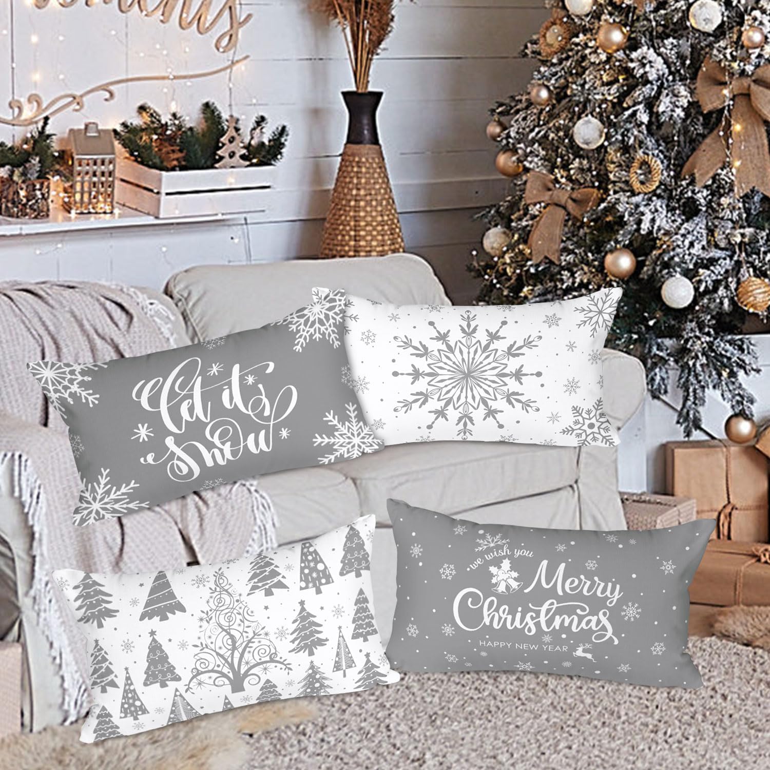 Lanpn Juego de 4 fundas de almohada lumbares de Navidad blancas y grises de 12 x 24 pulgadas, fundas decorativas largas de Navidad con copos de