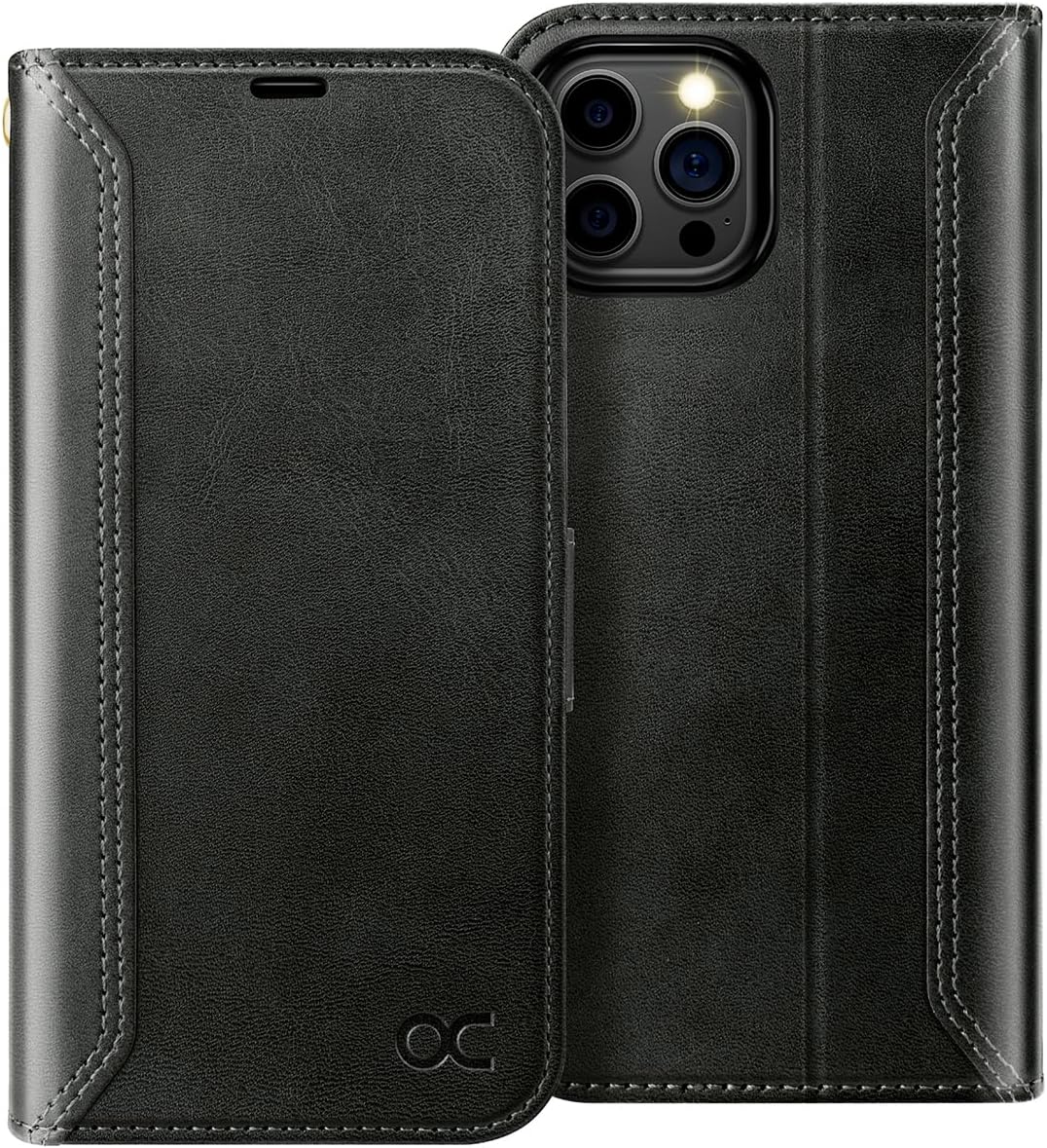 OCASE Funda compatible con iPhone 15 Pro Max, funda tipo cartera de piel sintética con tarjeteros, bloqueo RFID, soporte a prueba de golpes, funda