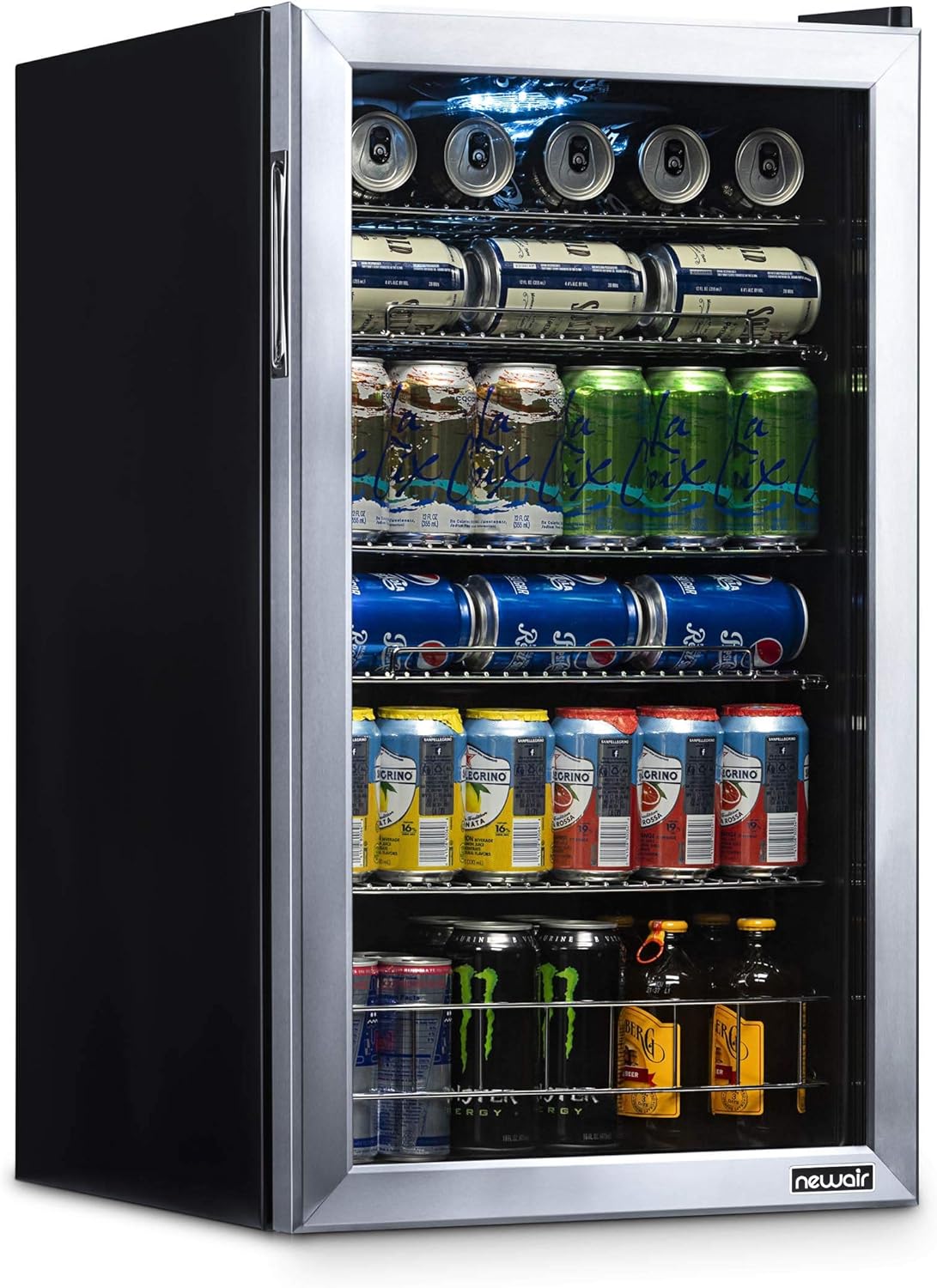 NewAir Refrigerador de bebidas  126 latas de pie independiente con puerta de vidrio con bisagra derecha  Mini refrigerador organizador de bebidas