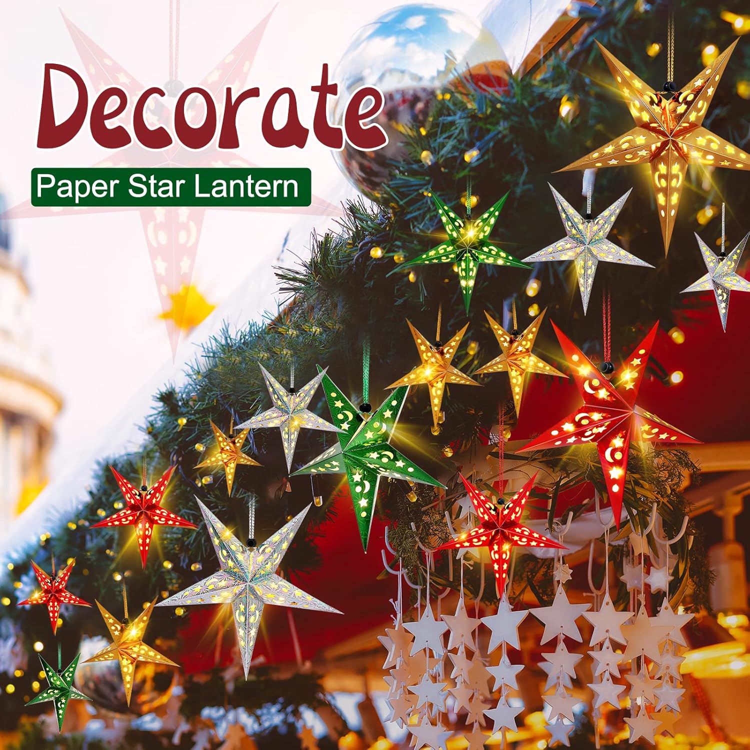 Hortsun Juego de 20 faroles de papel de Navidad con forma de estrella, 2 tamaños, 17.7 pulgadas, 11.8 pulgadas, adornos colgantes de Navidad,