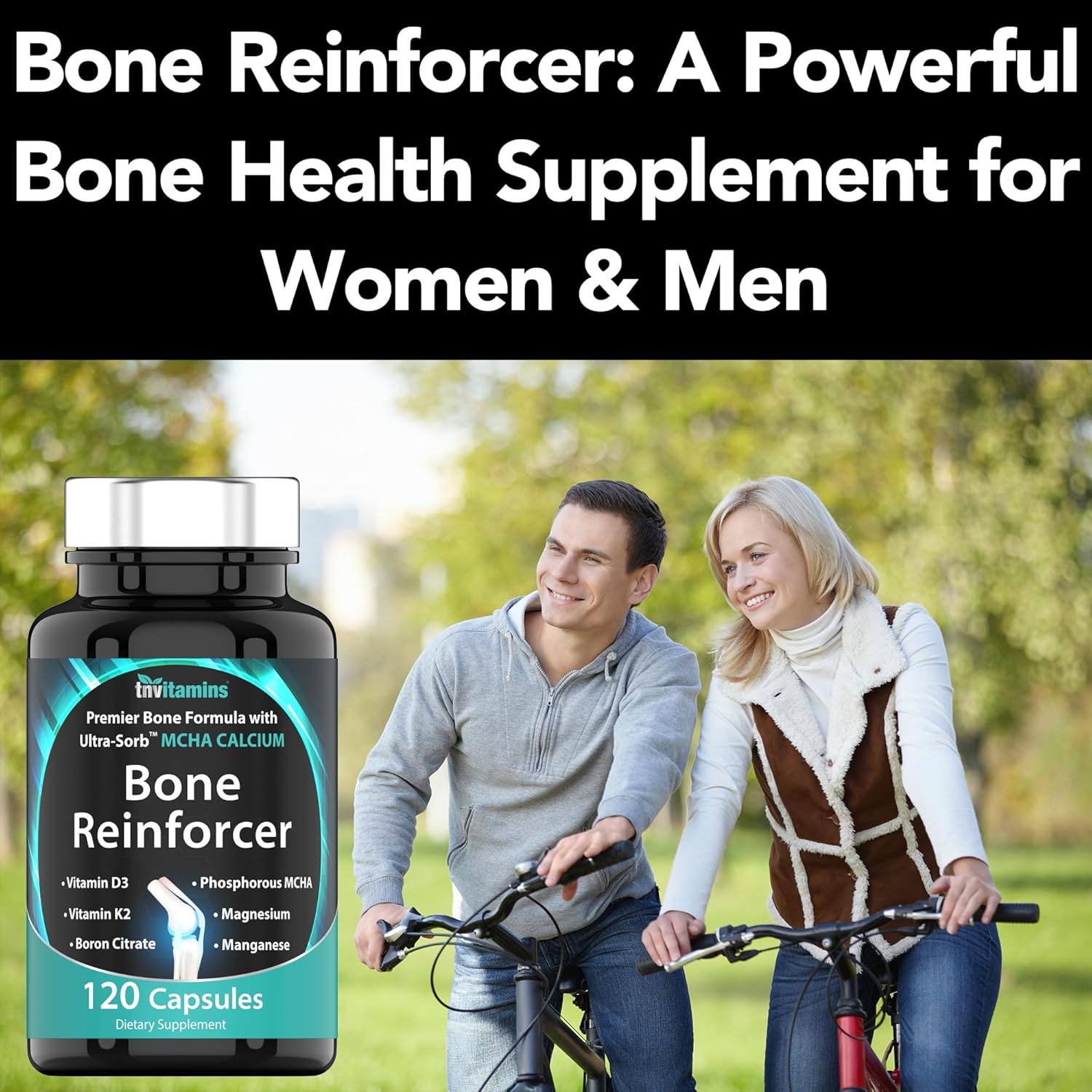 Reforzador óseo (120 cápsulas) Suplemento de calcio MCHA con vitamina D3, magnesio, vitamina K2, citrato de boro, MCHA fósforo y manganeso  Potente