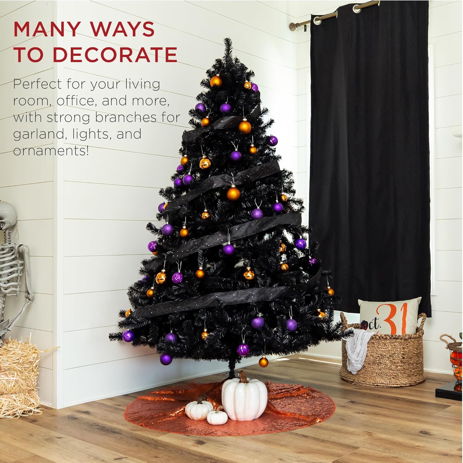 Best Choice Products Árbol de Navidad artificial negro de 4.5 pies, decoración de vacaciones de temporada para el hogar, oficina, decoración de