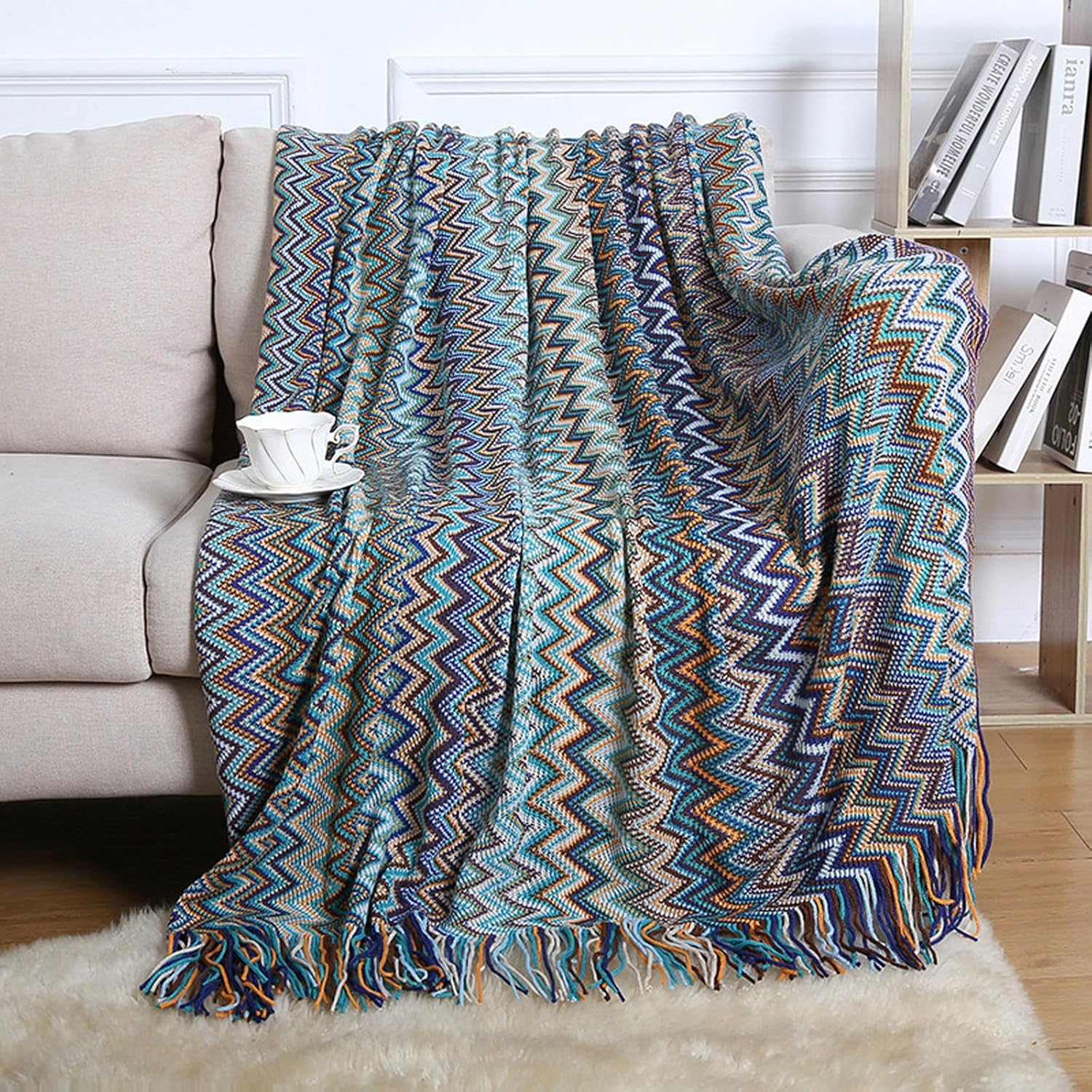 Manta bohemia de punto con borlas, para exteriores, reversible, suave, acogedora, ligera, para sofá o cama, para todas las estaciones, color azul,