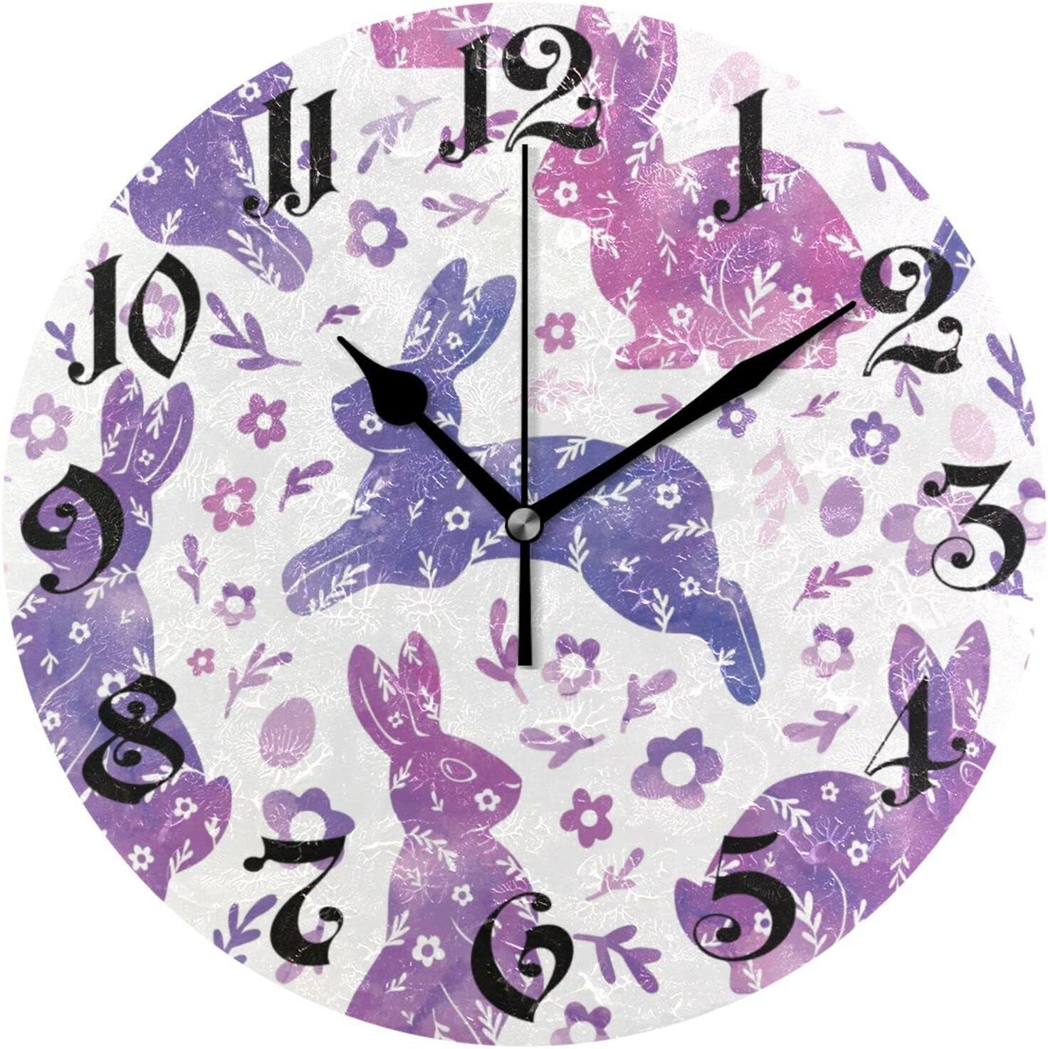 ZOEO Reloj de pared redondo de 10 pulgadas, silencioso, sin tictac, reloj de pared con conejito morado, funciona con pilas, para decoración de sala