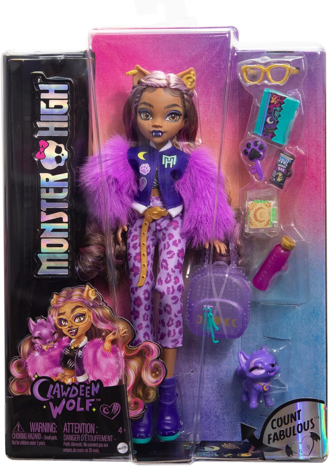 Monster High Muñeca Lobo Clawdeen con media luna de perro y accesorios como mochila, planificador, aperitivos y más