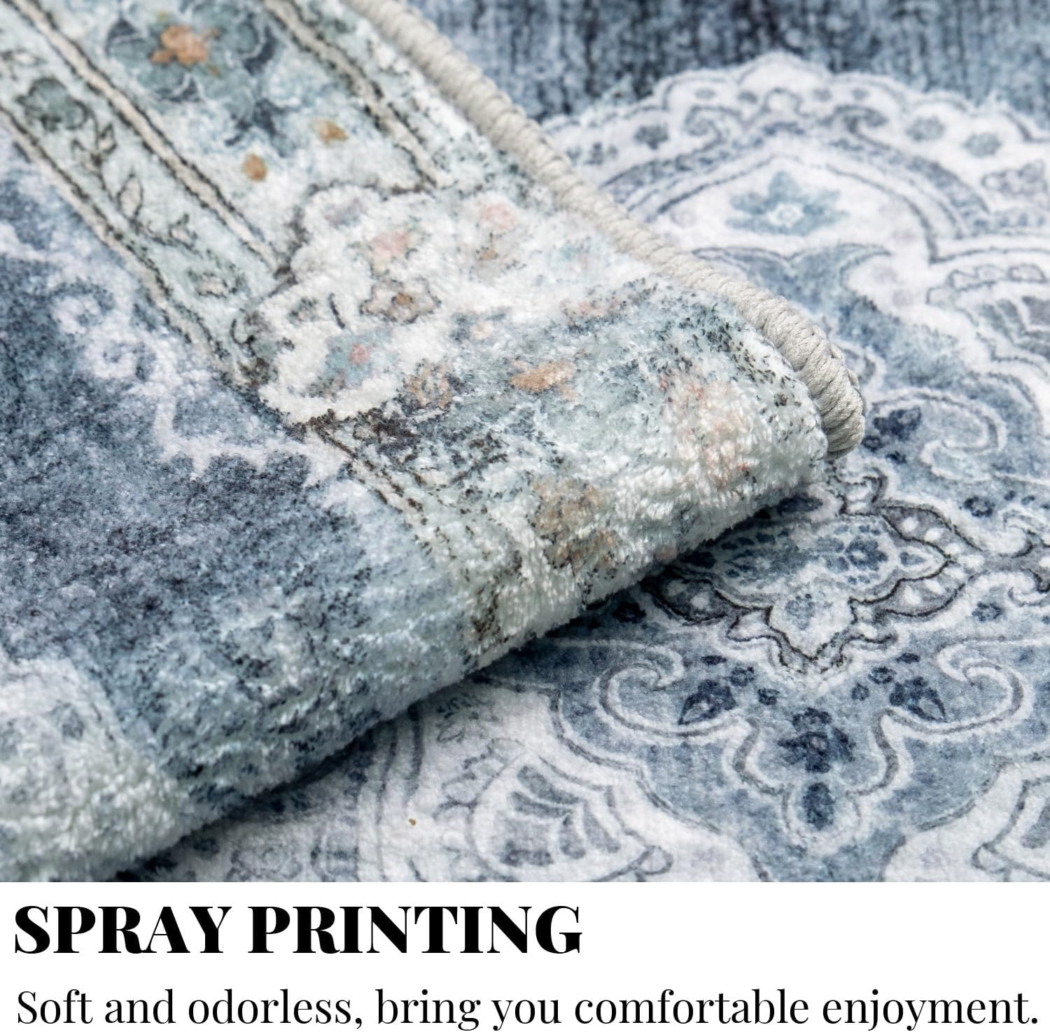 Mujoo – Alfombras de 5 x 7 pies, color azul y gris, lavables a máquina, bohemia, para sala de estar, para dormitorio, lavandería, cocina,