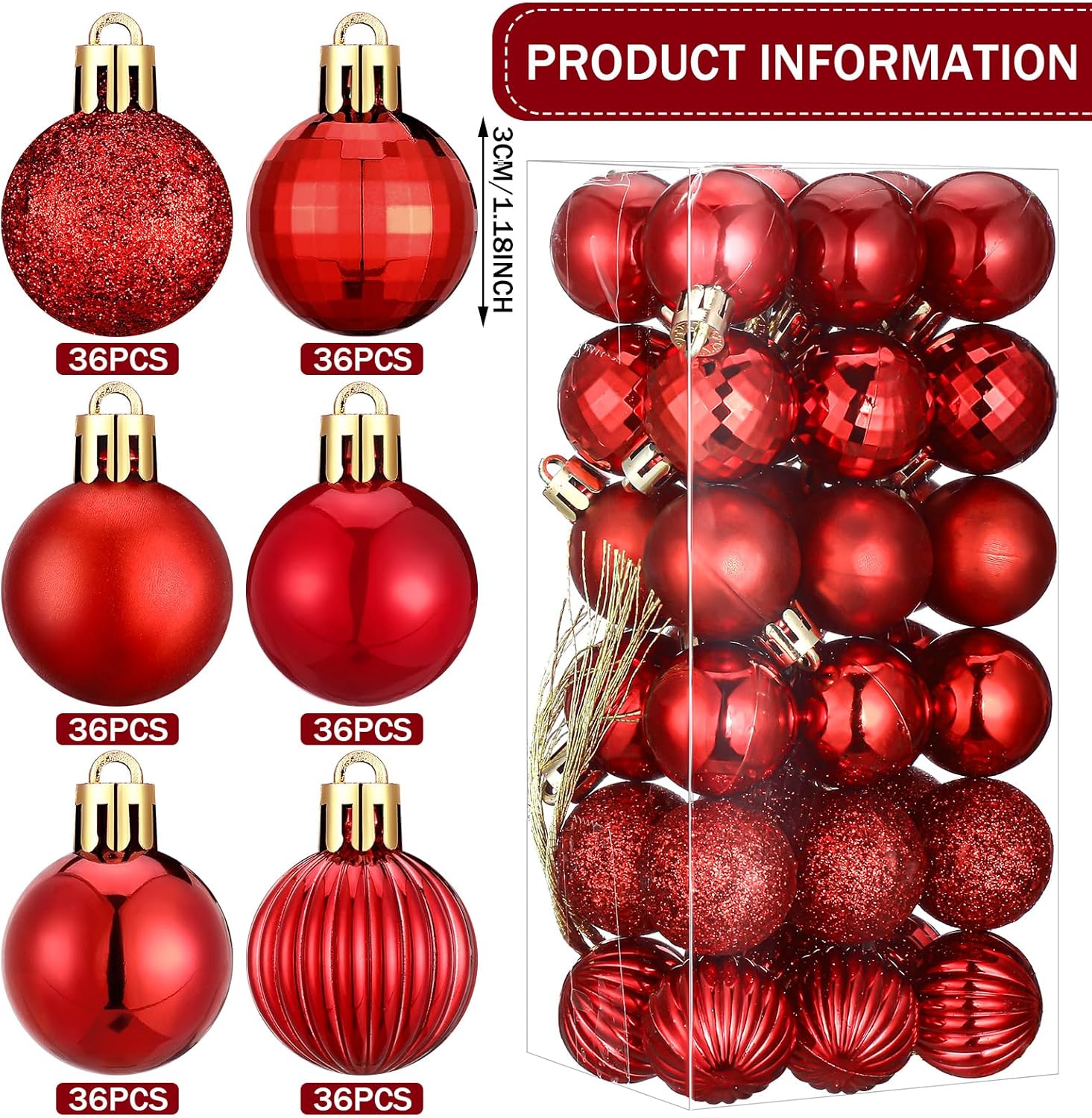 Shappy 216 adornos de mini bola de Navidad de 1.18 pulgadas, decoración de árbol de Navidad, 6 estilos, bolas pequeñas de Navidad inastillables con