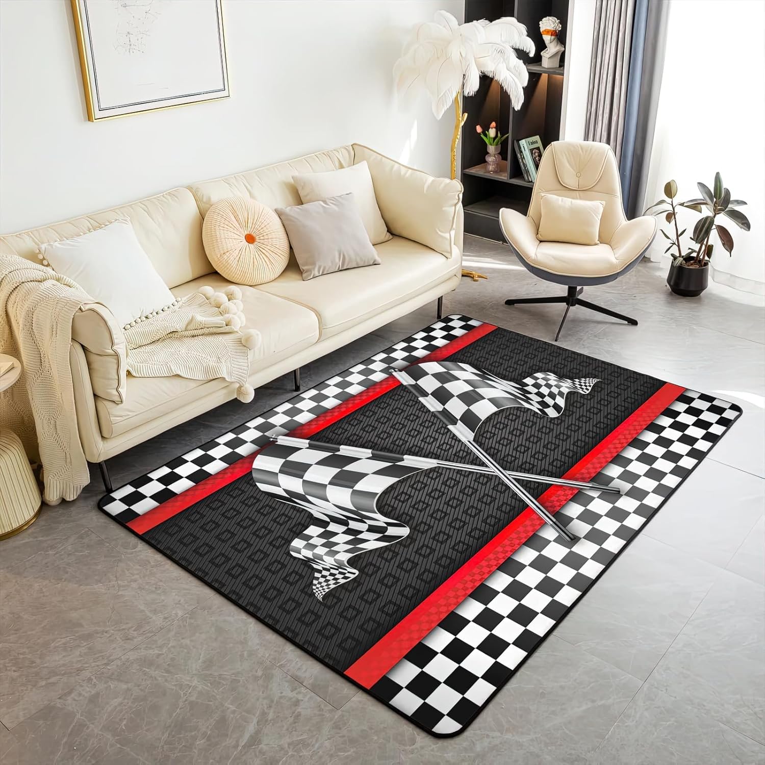 Alfombra de área con bandera a cuadros blancos y negros, fácil de limpiar, alfombra suave antideslizante para niños, adolescentes, niñas, niños,