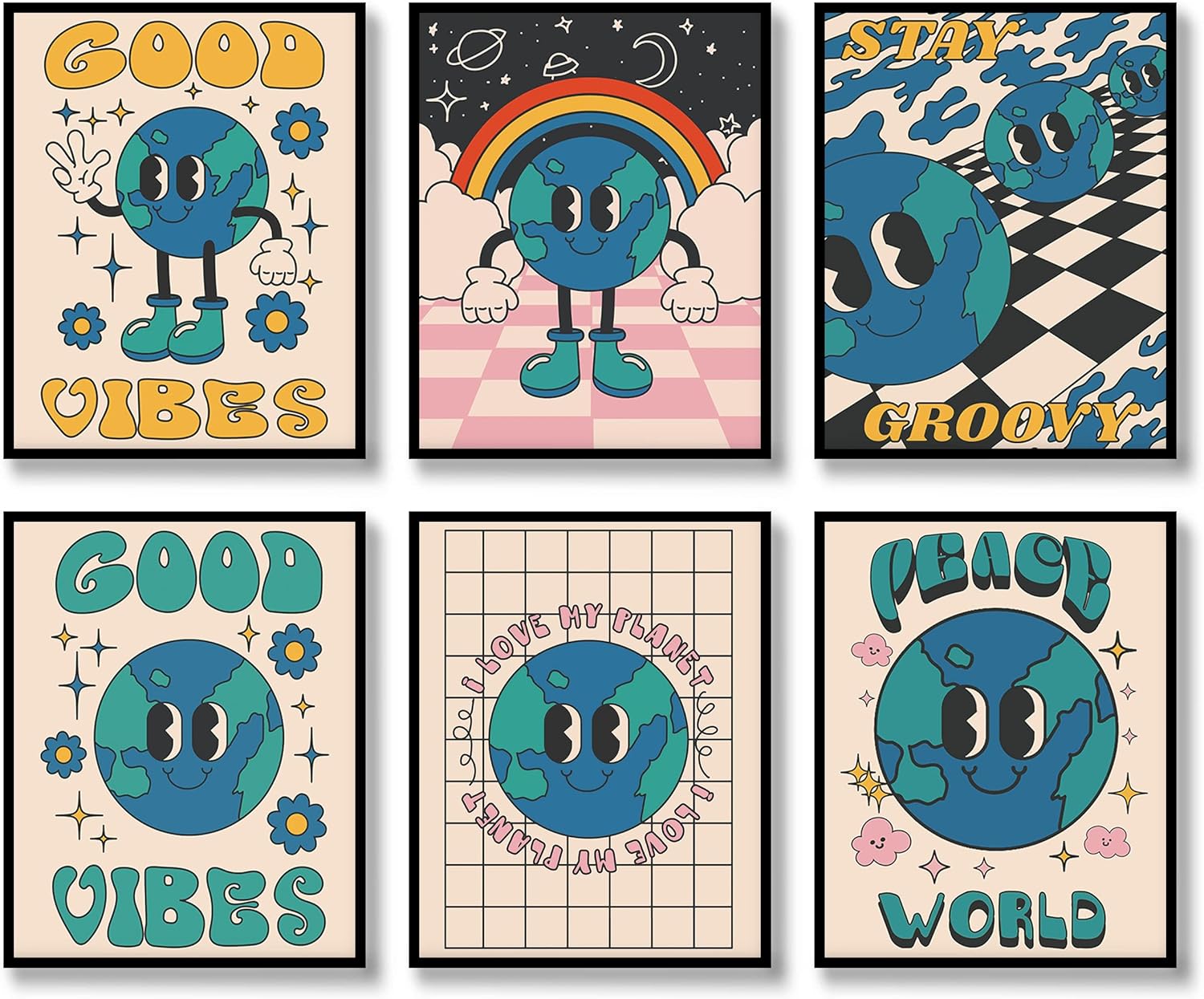Juego de 6 impresiones de arte hippie para pared, estilo vintage, lienzo de flores hippie de los años 60 y 70, pósteres retro, abstracto,