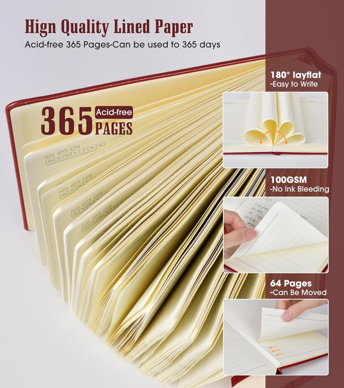 Cuaderno rayado, diario B5 de 365 páginas para escribir cuaderno con rayas universitarias, diario de cuero de tapa dura para mujeres y hombres,