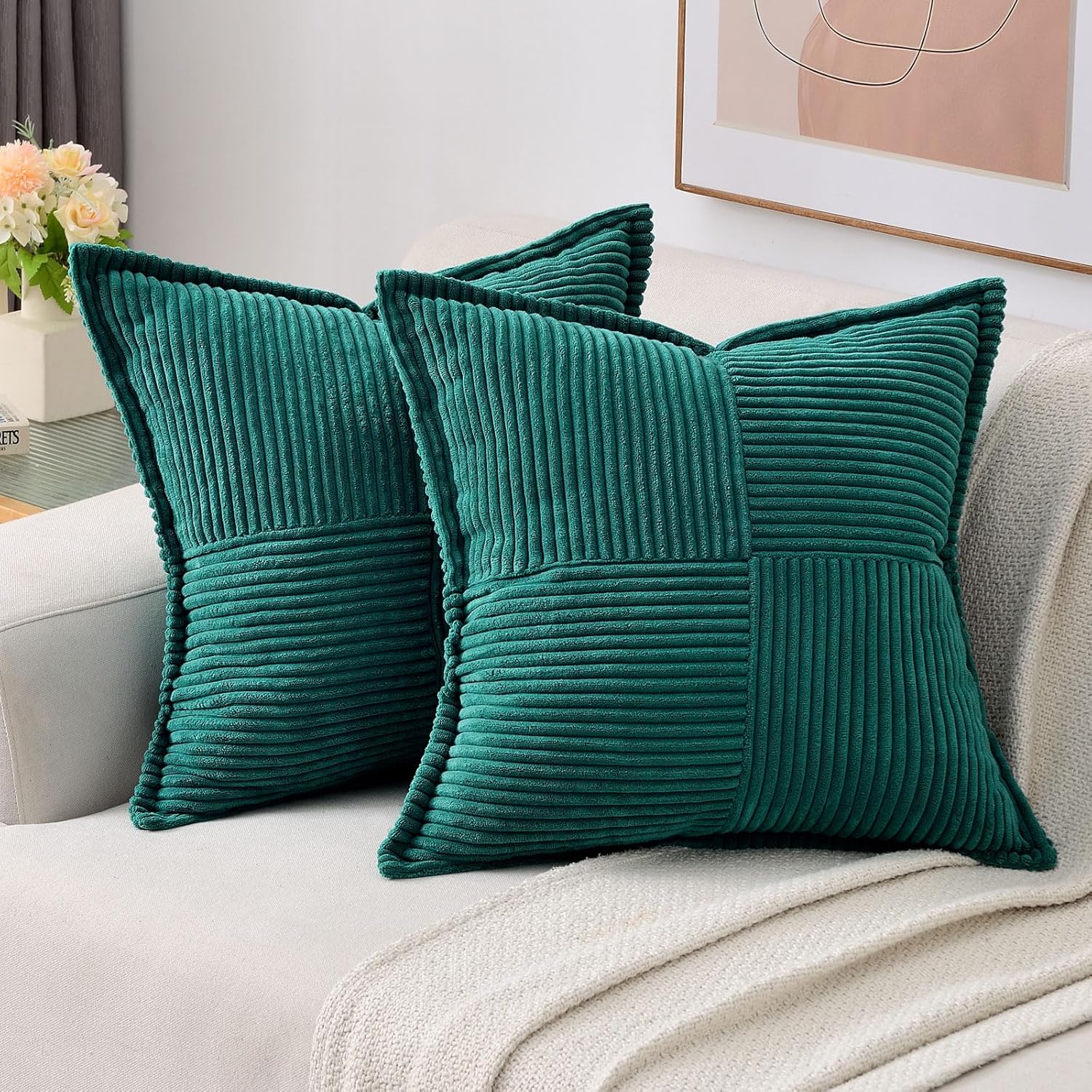 Juego de 2 fundas de almohada de 18 x 18 pulgadas, pana suave y sólida a rayas  borde ancho, fundas de cojín cuadradas decorativas, decoración de