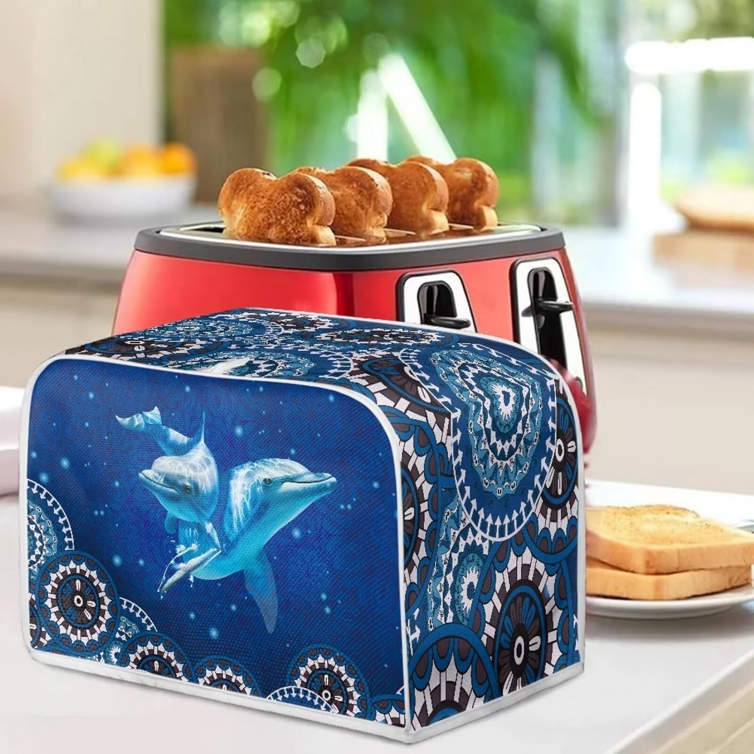 Aztec Blue Dolphins – Cubierta para tostadora de 4 rebanadas para mujer, estilo tribal polinesio, cubierta de electrodomésticos de cocina,