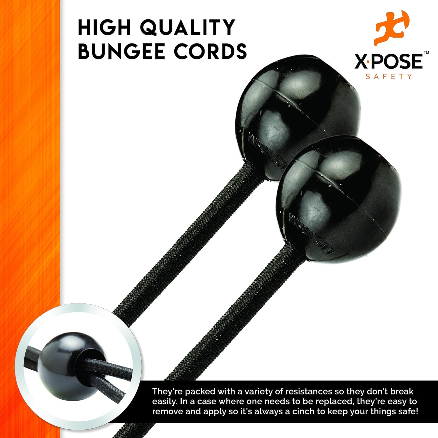 Xpose Safety Cuerdas elásticas de bolas de 11 pulgadas, paquete de 10 cuerdas elásticas negras resistentes con lazos de bolas para toldos, lonas,