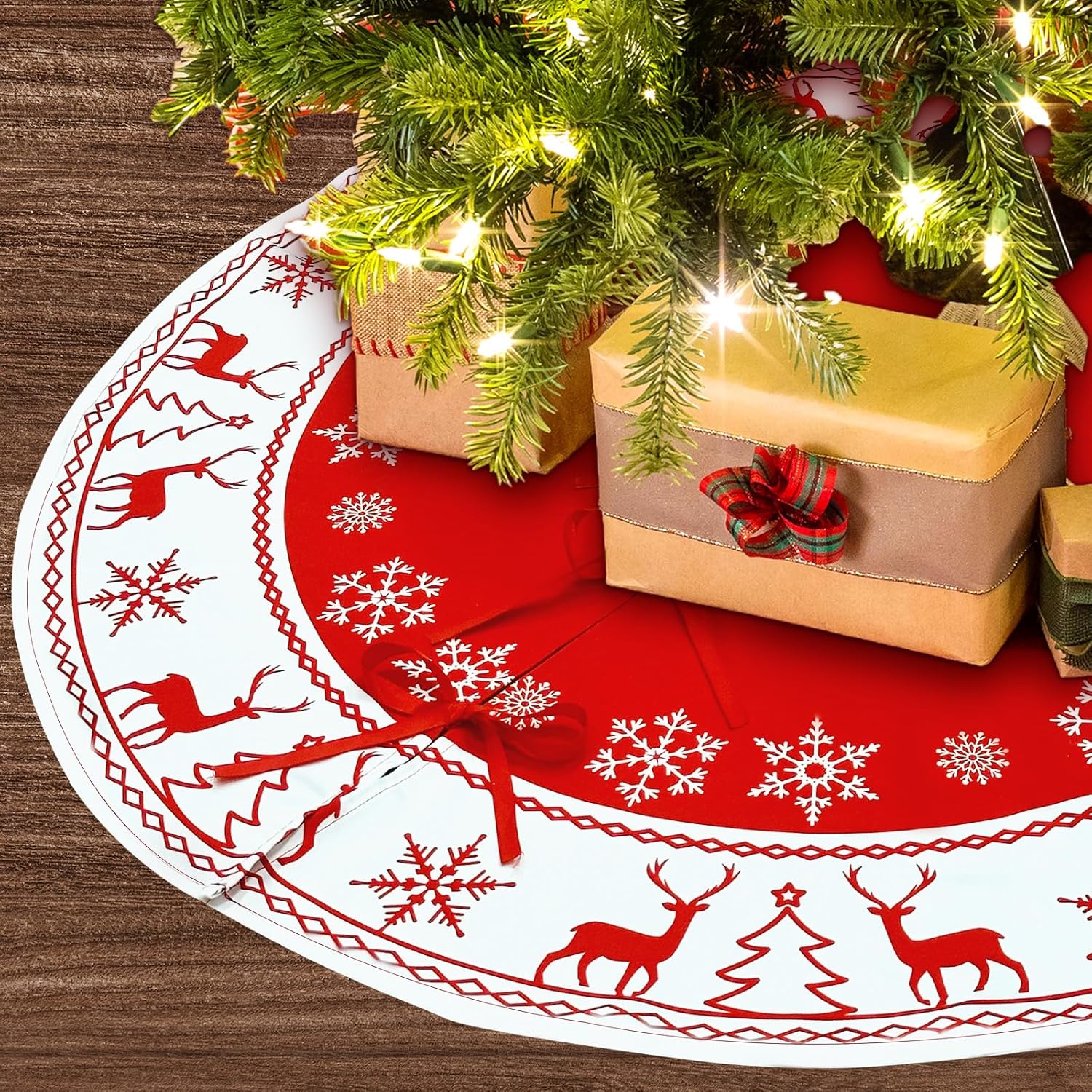 OurWarm Falda de árbol de Navidad de 48 pulgadas, faldas grandes para árbol de Navidad con patrón de copo de nieve y reno, tapete de árbol rojo y