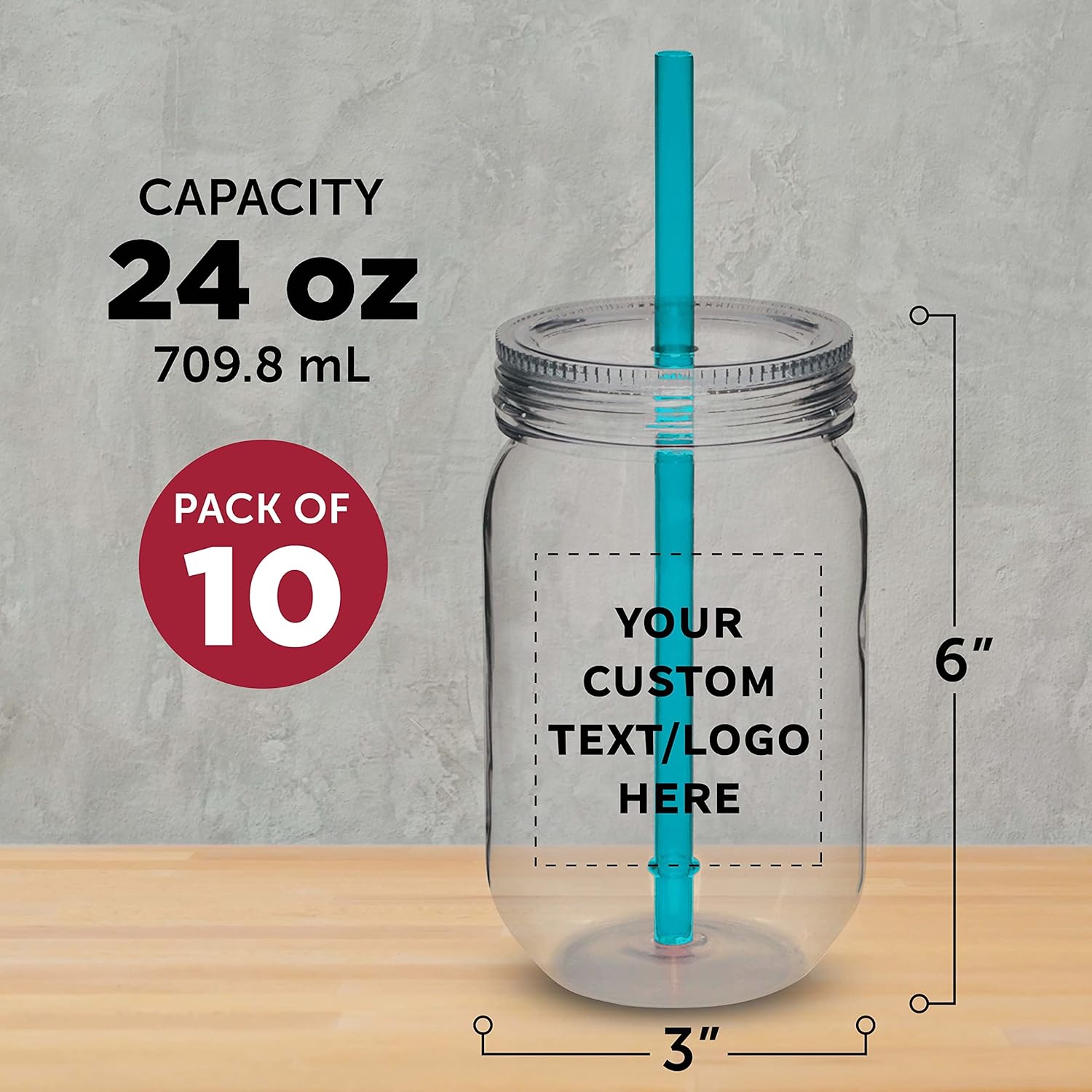 DISCOUNT PROMOS Juego de 10 tarros de plástico personalizados con pajilla, 24 onzas, paquete a granel personalizado  Tarros para avena durante la