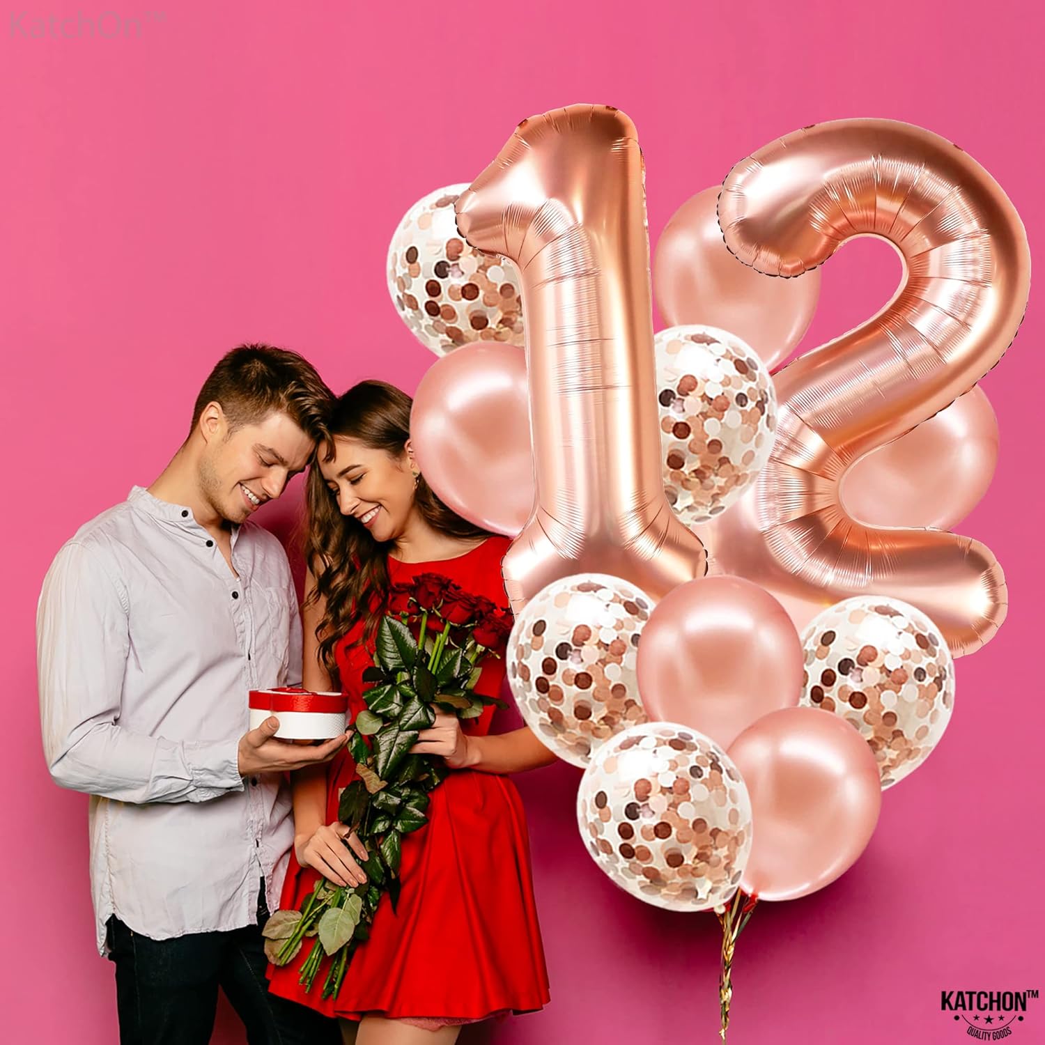 KatchOn, Cortina de flecos de oro rosa extra grande  Paquete de 2  Fondo de oro rosa, globos de 12 cumpleaños  Globos de oro rosa con el número 12