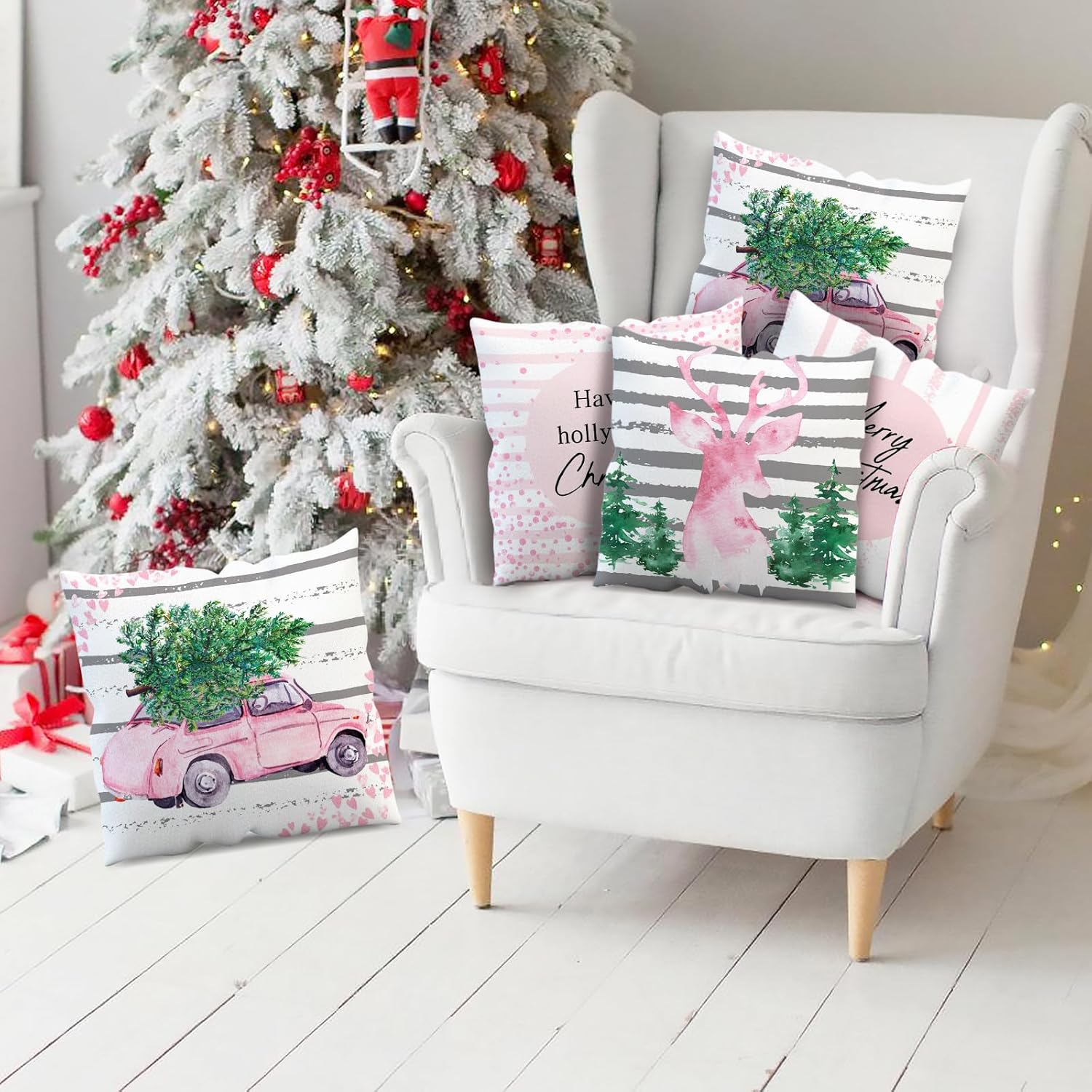 APROPHIC Juego de 4 fundas de almohada rosas de Navidad de 18 x 18 pulgadas, decoración de vacaciones de granja a rayas con árboles alegres y renos,