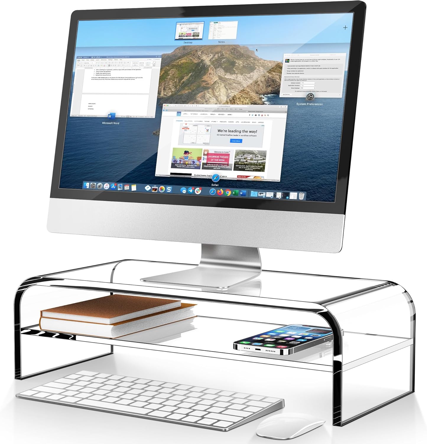 AboveTEK Soporte de monitor acrílico de 2 niveles, elevador de computadora para oficina en casa, elevador de monitor transparente para