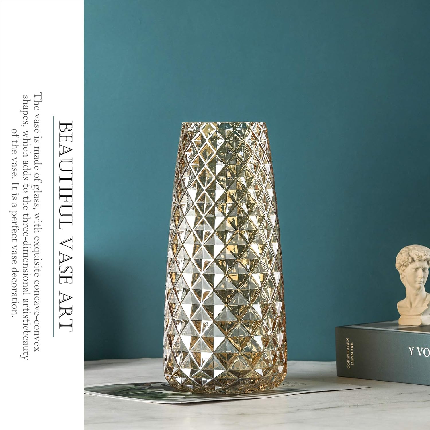 Jarrón de cristal con revestimiento de rejilla, florero transparente decorativo, para la oficina en casa, boda, fiesta de vacaciones y decoración de