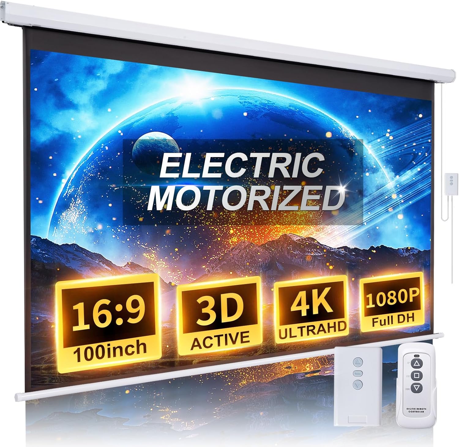 Pantalla de proyector motorizada desplegable de 100 pulgadas, pantalla de proyector automático HD 169 con control remoto, pantalla de proyección
