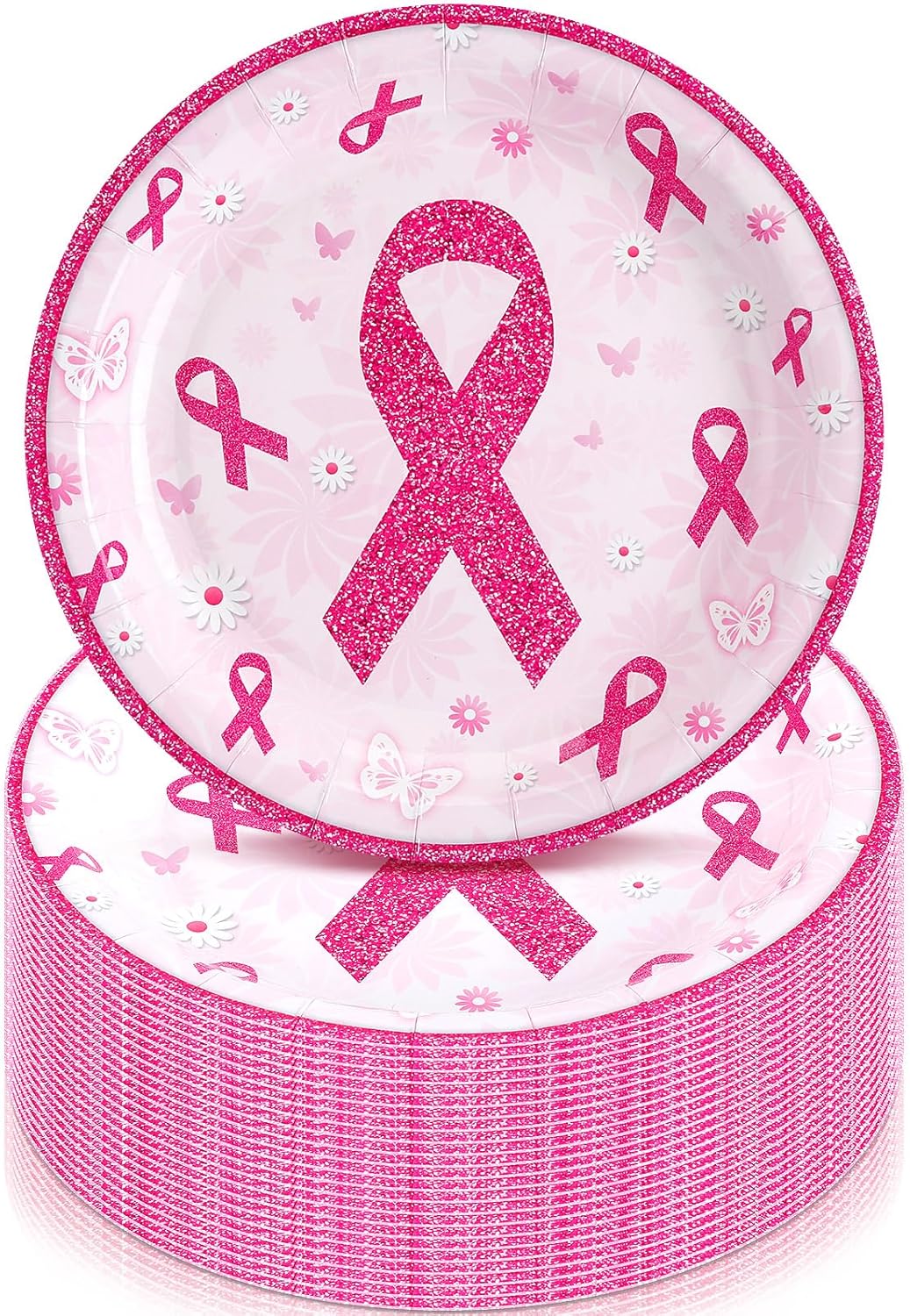 100 platos de papel de concientización sobre el cáncer de mama de 7 pulgadas, platos desechables rosados, redondos, decoraciones de cáncer de mama,